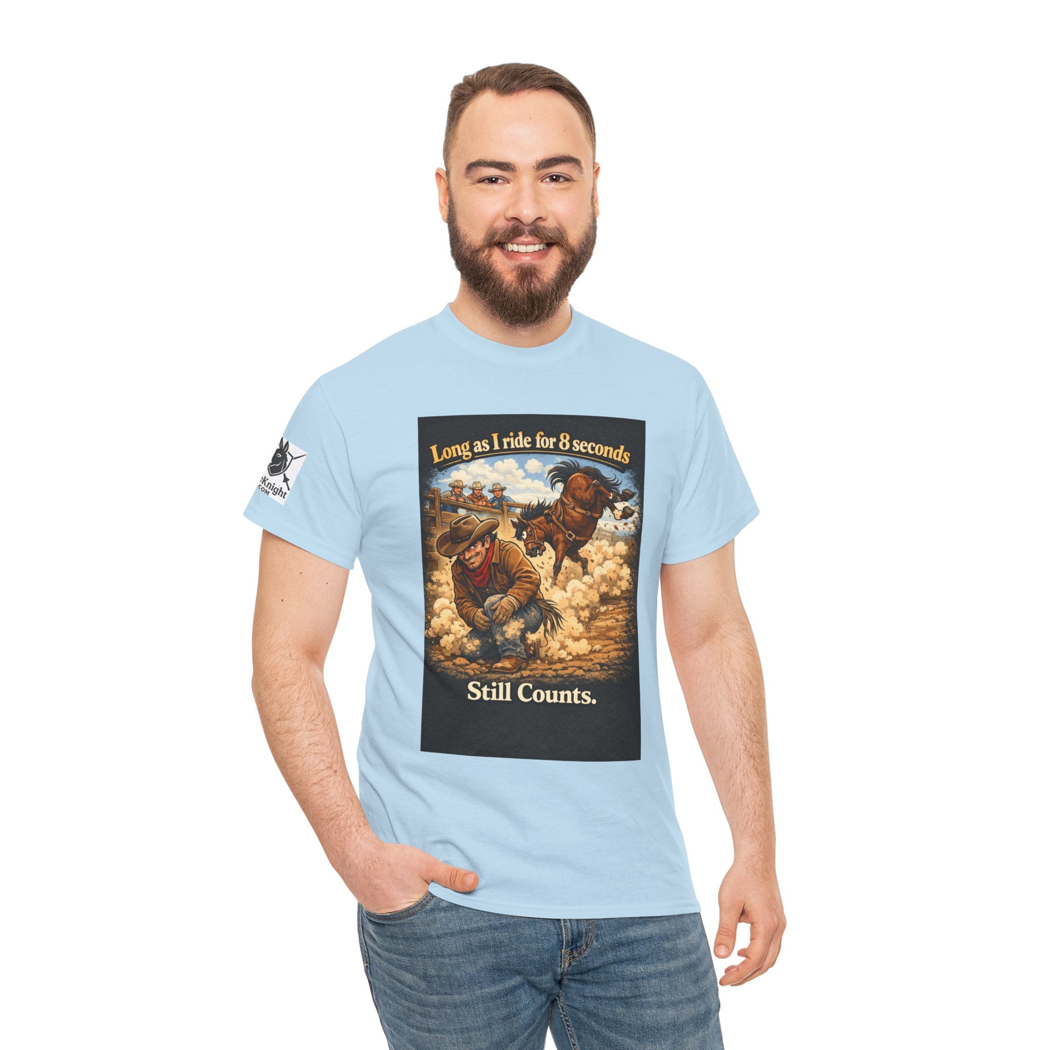 Rodeo As long as I ride 8 seconds - Still Counts T-Shirt — Cowboy Landscape Graphic Tee