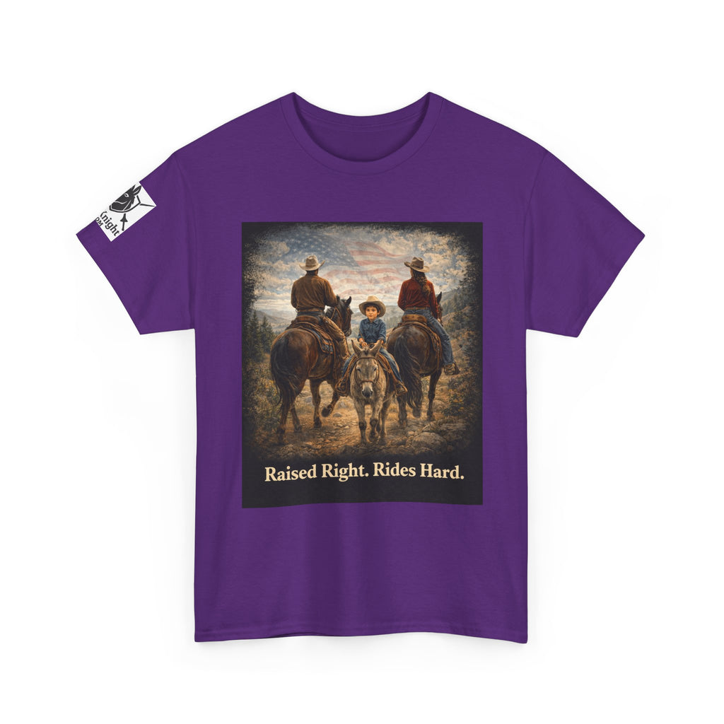 Raised Right Rides Hard USA Flag T-Shirt — Cowboy Landscape Graphic Tee