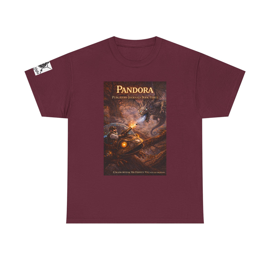 Pandora Cogsworth & Mr Hippty Vs Undead Dragon on Front - Pandora book cover on back -Purgatory Journals Book 3 -  Graphic Tee — Fantasy Novel tee