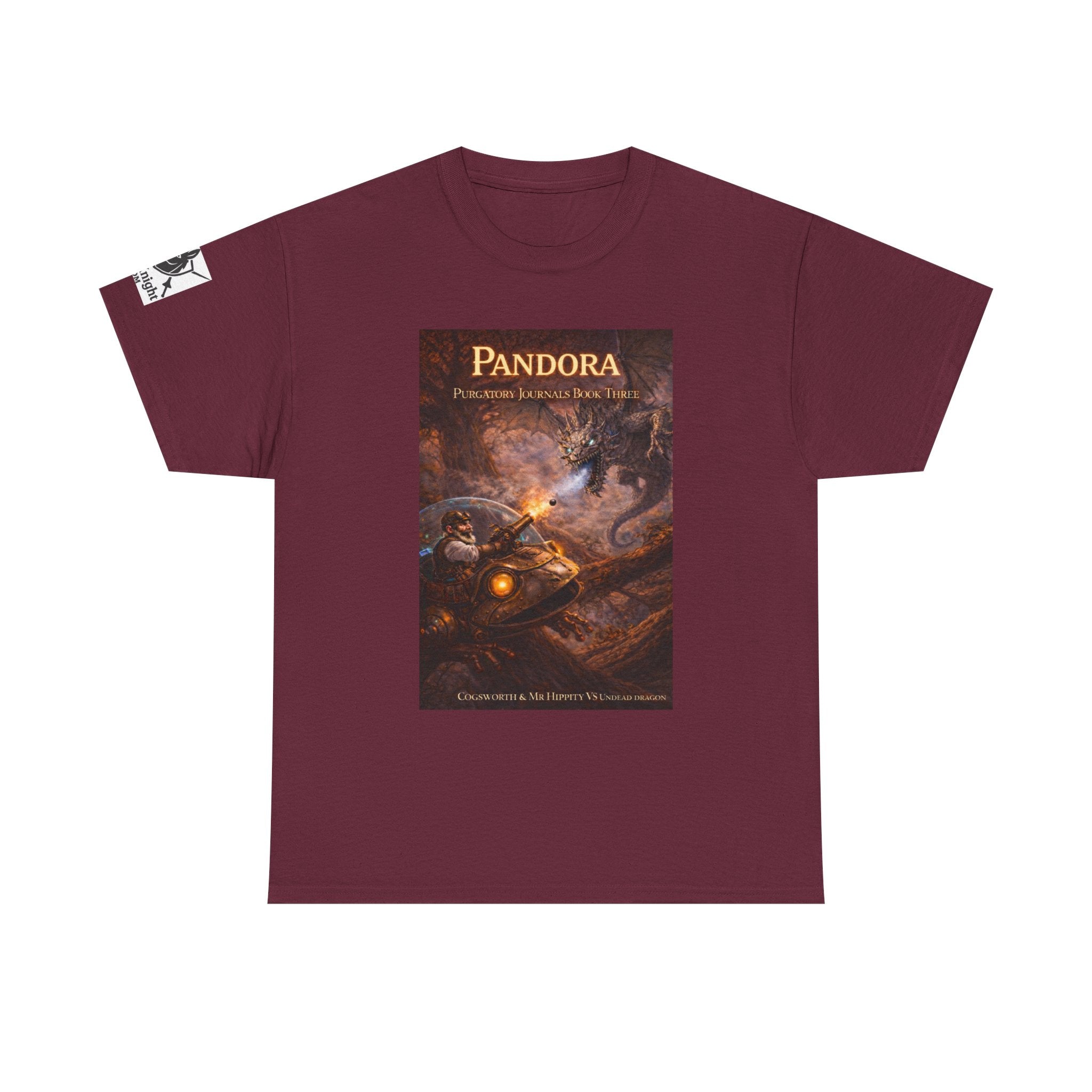 Pandora Cogsworth & Mr Hippty Vs Undead Dragon on Front - Pandora book cover on back -Purgatory Journals Book 3 -  Graphic Tee — Fantasy Novel tee