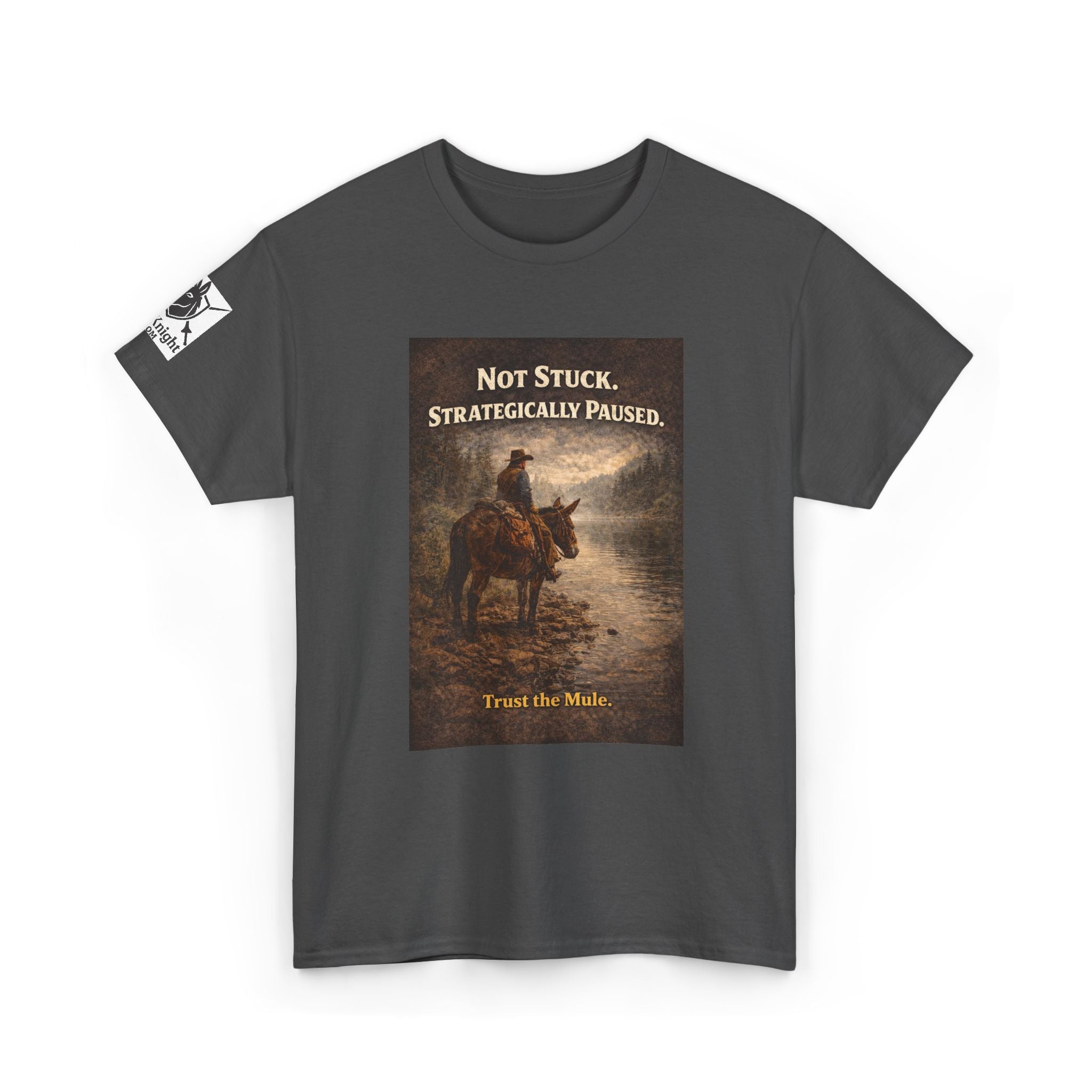 Not Stuck, Strategically Paused Mule Tee – Vintage Rider Graphic T-Shirt