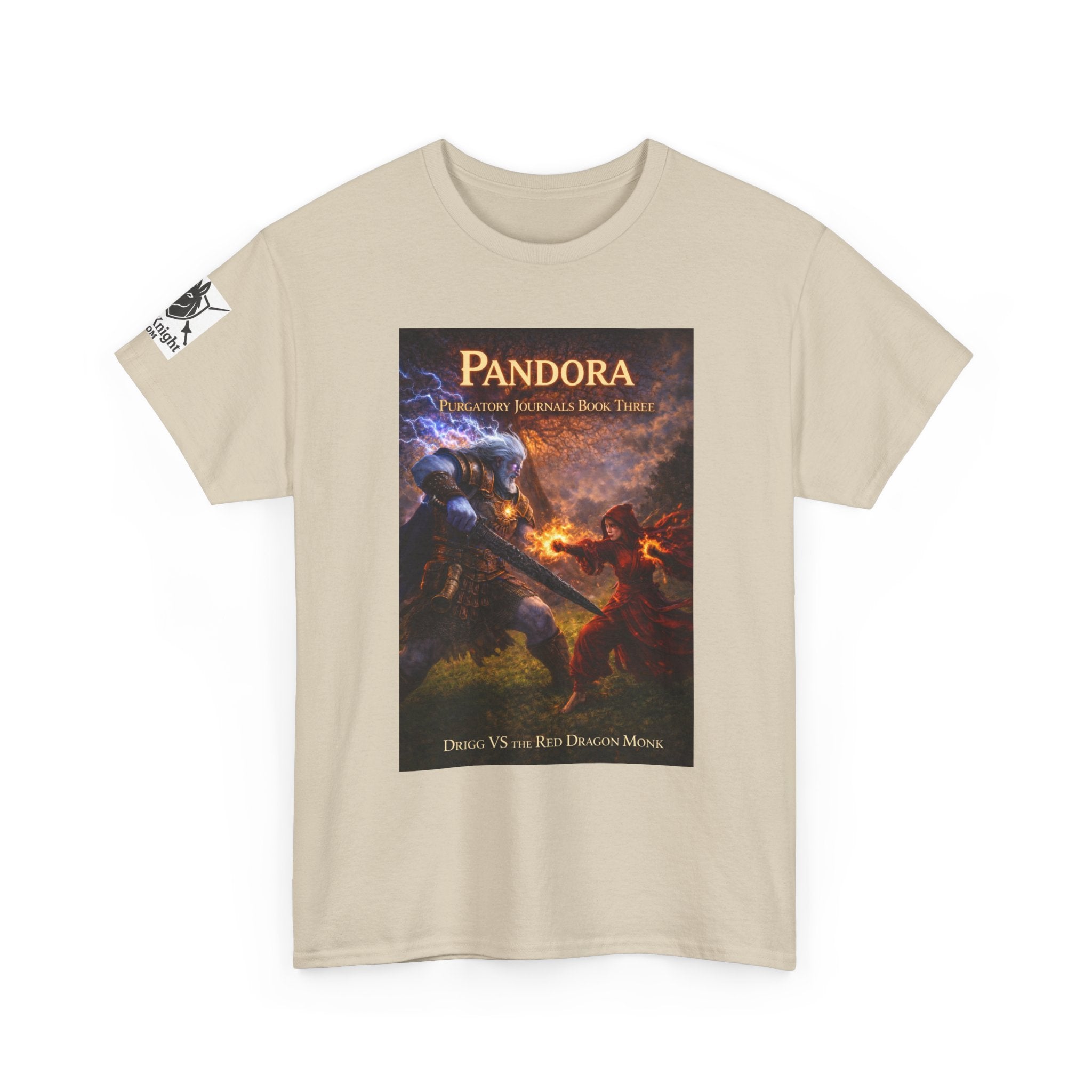 Pandora Drigg Vs Red Dragon Monk on Front - Pandora book cover on back -Purgatory Journals Book 3 -  Graphic Tee — Fantasy Novel tee