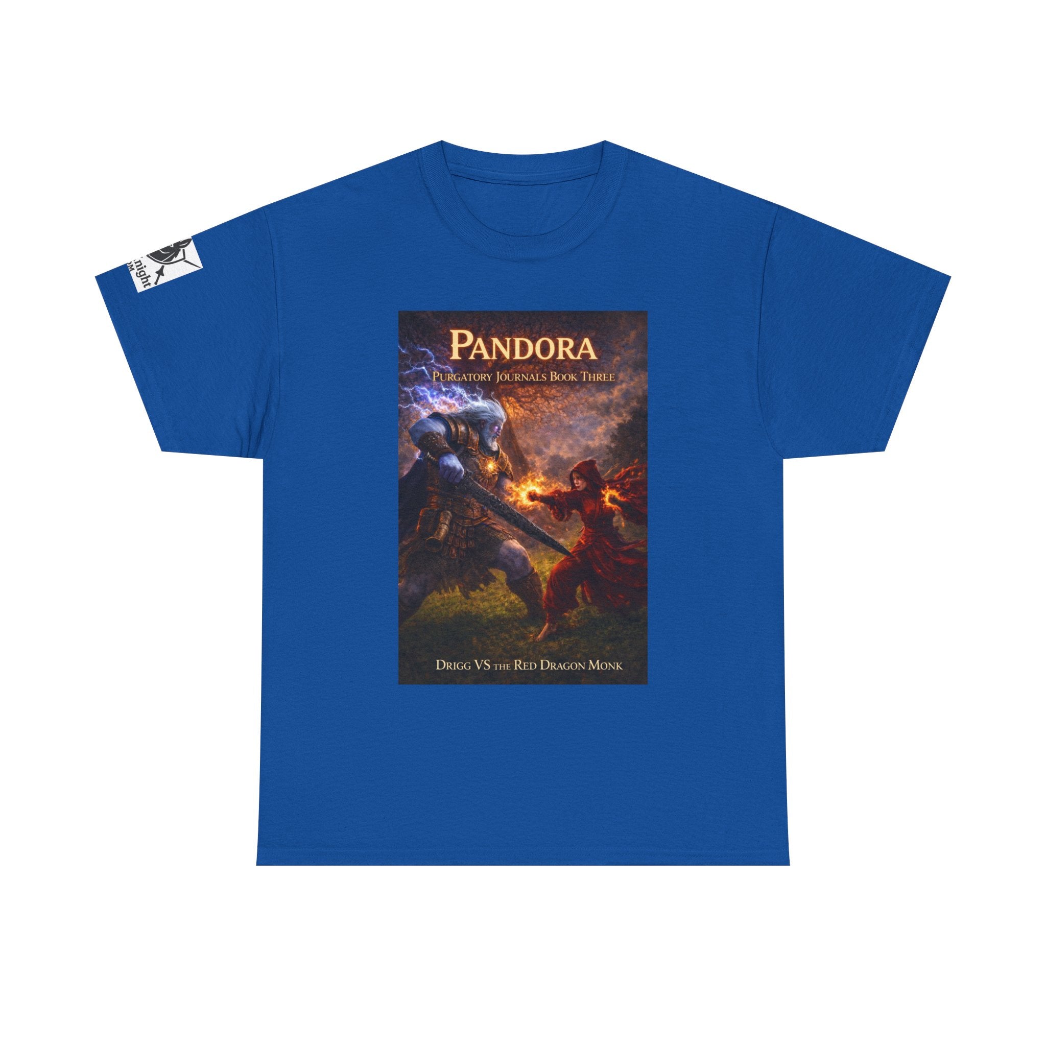Pandora Drigg Vs Red Dragon Monk on Front - Pandora book cover on back -Purgatory Journals Book 3 -  Graphic Tee — Fantasy Novel tee