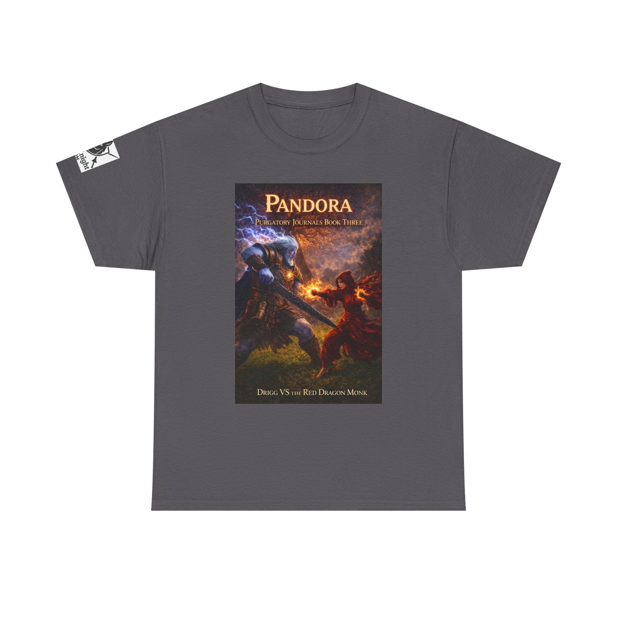Pandora Drigg Vs Red Dragon Monk on Front - Pandora book cover on back -Purgatory Journals Book 3 -  Graphic Tee — Fantasy Novel tee