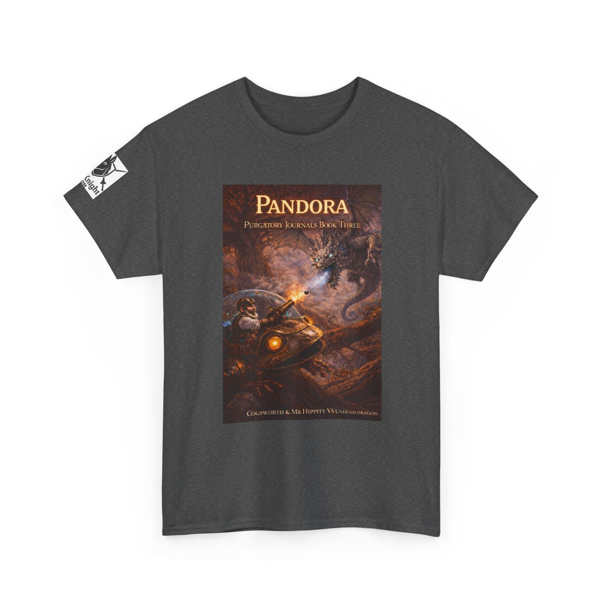 Pandora Cogsworth & Mr Hippty Vs Undead Dragon on Front - Pandora book cover on back -Purgatory Journals Book 3 -  Graphic Tee — Fantasy Novel tee