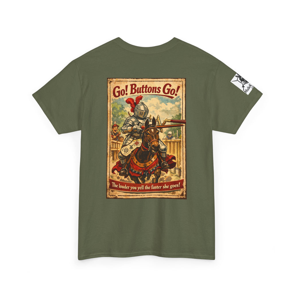 Vintage ‘Go! Buttons Go!’ Knight Graphic Tee — Retro Medieval T-Shirt