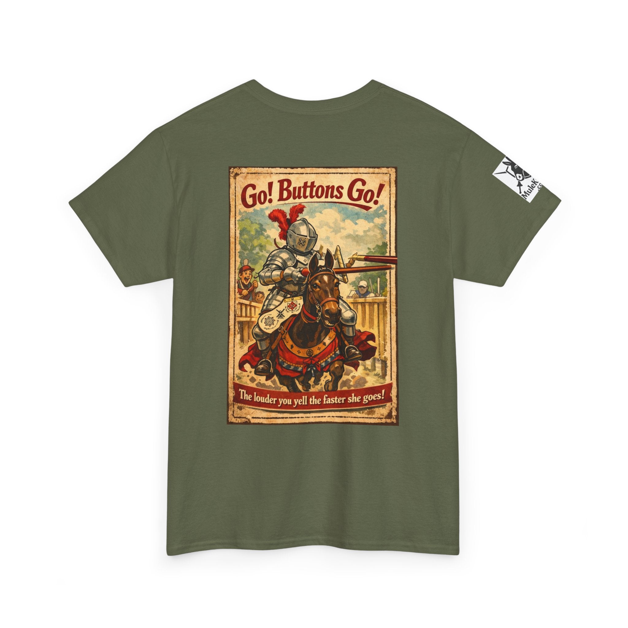 Vintage ‘Go! Buttons Go!’ Knight Graphic Tee — Retro Medieval T-Shirt