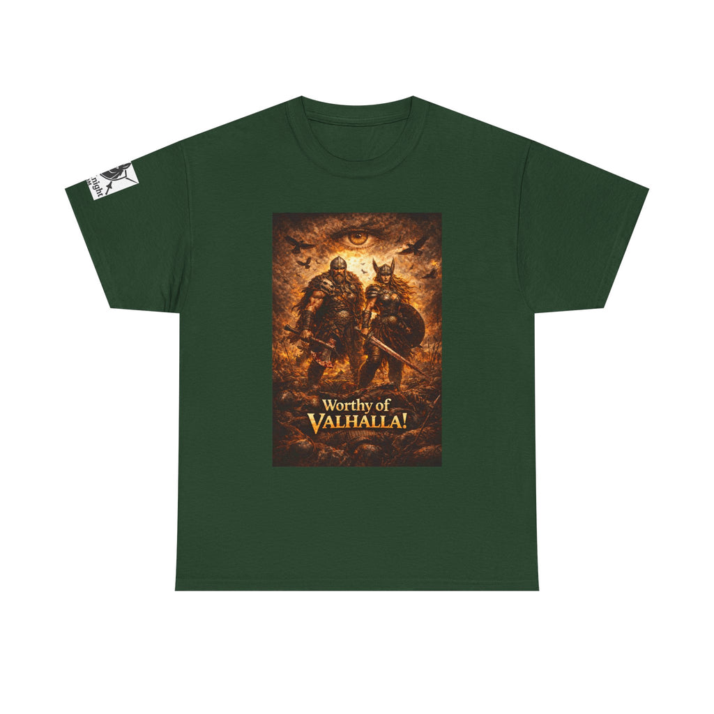 Viking shirt - Viking man and woman on battlefield of ravens - Text of Worthy of Valhalla!   Viking tee