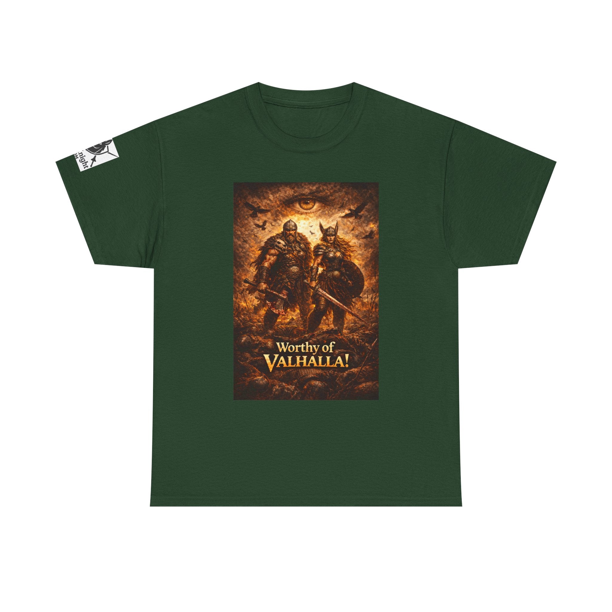 Viking shirt - Viking man and woman on battlefield of ravens - Text of Worthy of Valhalla!   Viking tee