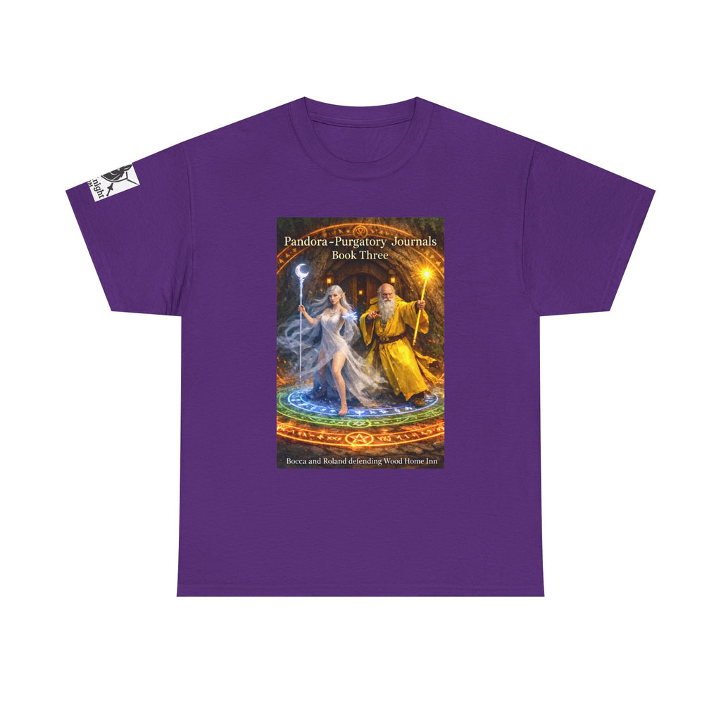 Pandora Bocca and Roland Defending Wood Home on Front - Pandora book cover on back -Purgatory Journals Book 3 -  Graphic Tee — Fantasy Novel tee