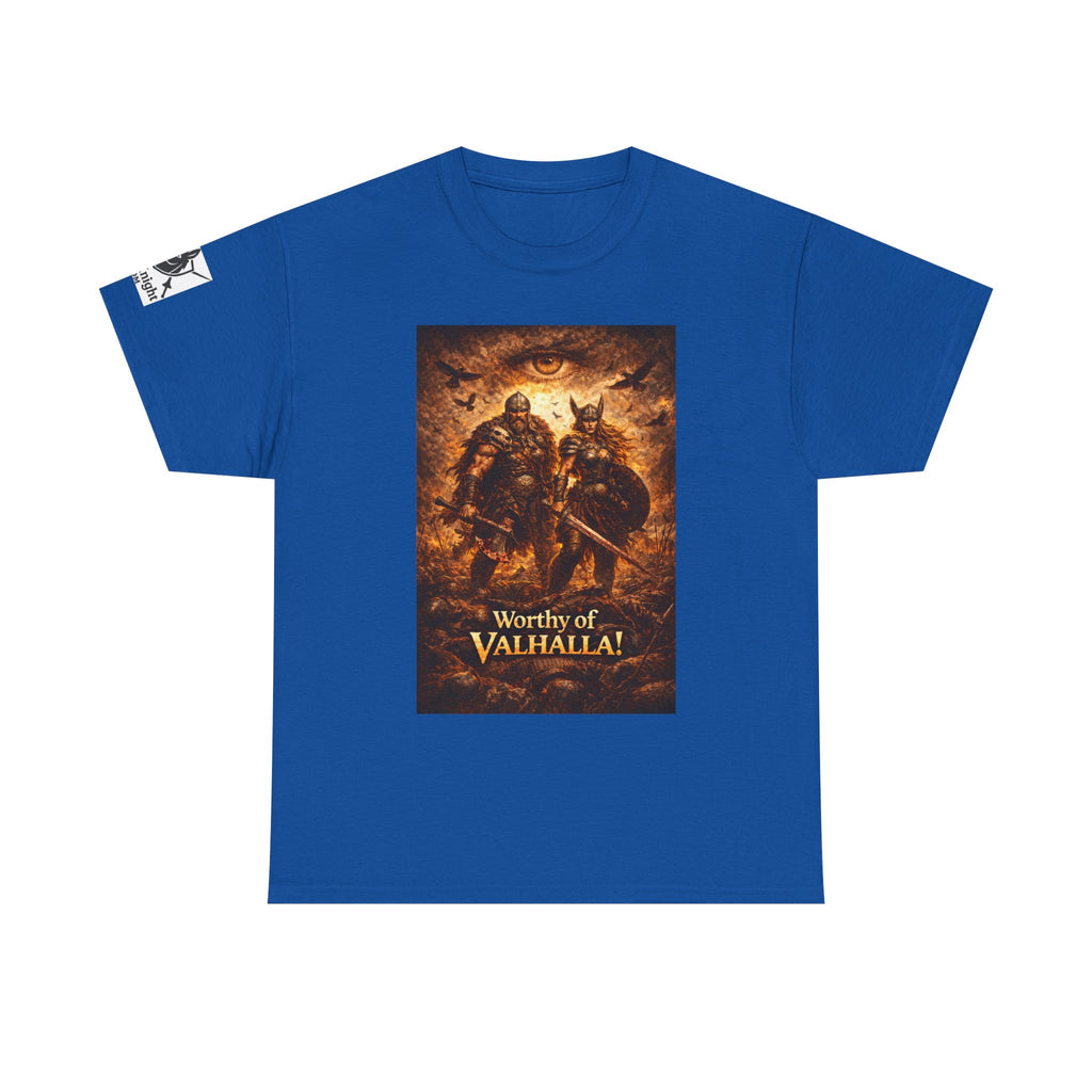 Viking shirt - Viking man and woman on battlefield of ravens - Text of Worthy of Valhalla!   Viking tee