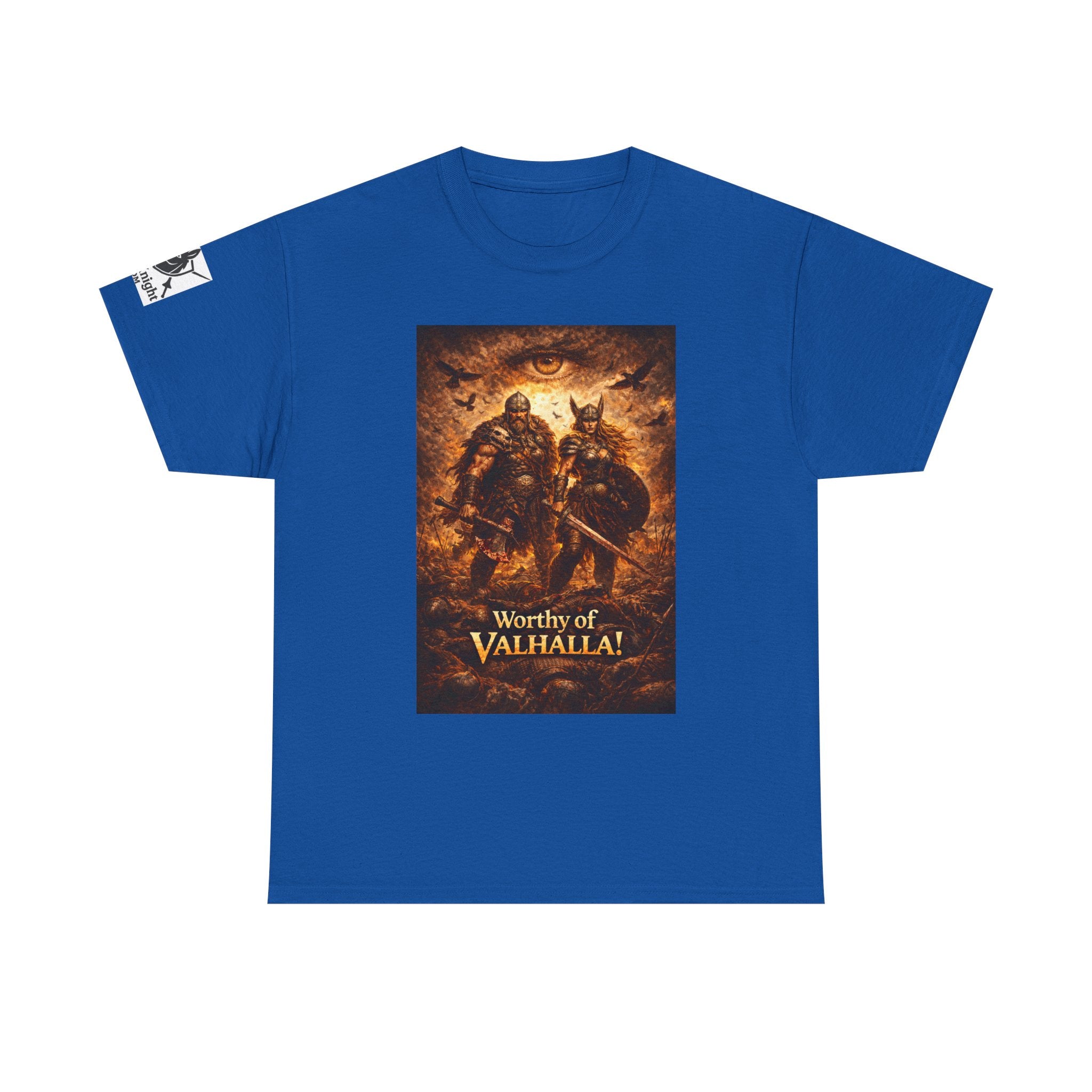 Viking shirt - Viking man and woman on battlefield of ravens - Text of Worthy of Valhalla!   Viking tee
