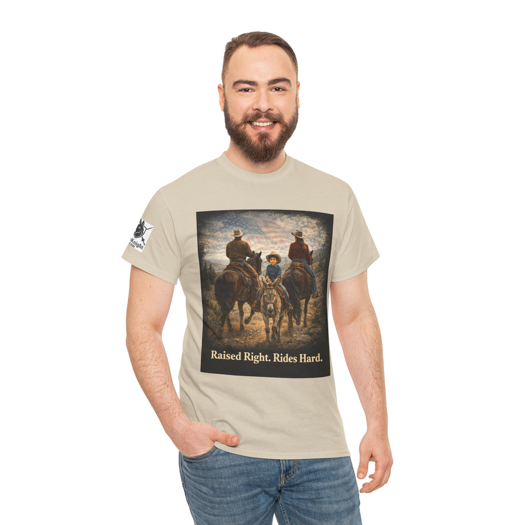 Raised Right Rides Hard USA Flag T-Shirt — Cowboy Landscape Graphic Tee