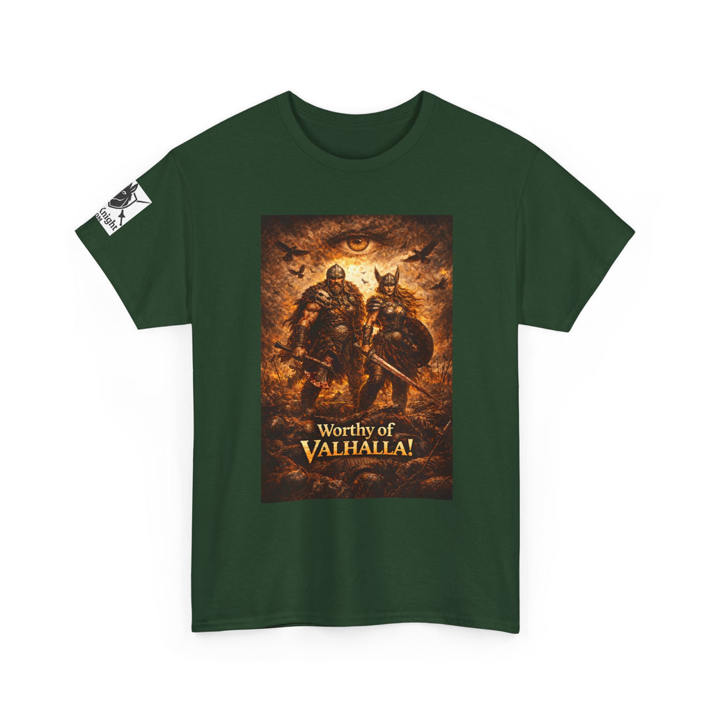 Viking shirt - Viking man and woman on battlefield of ravens - Text of Worthy of Valhalla!   Viking tee