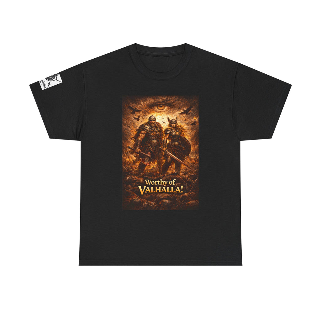 Viking shirt - Viking man and woman on battlefield of ravens - Text of Worthy of Valhalla!   Viking tee