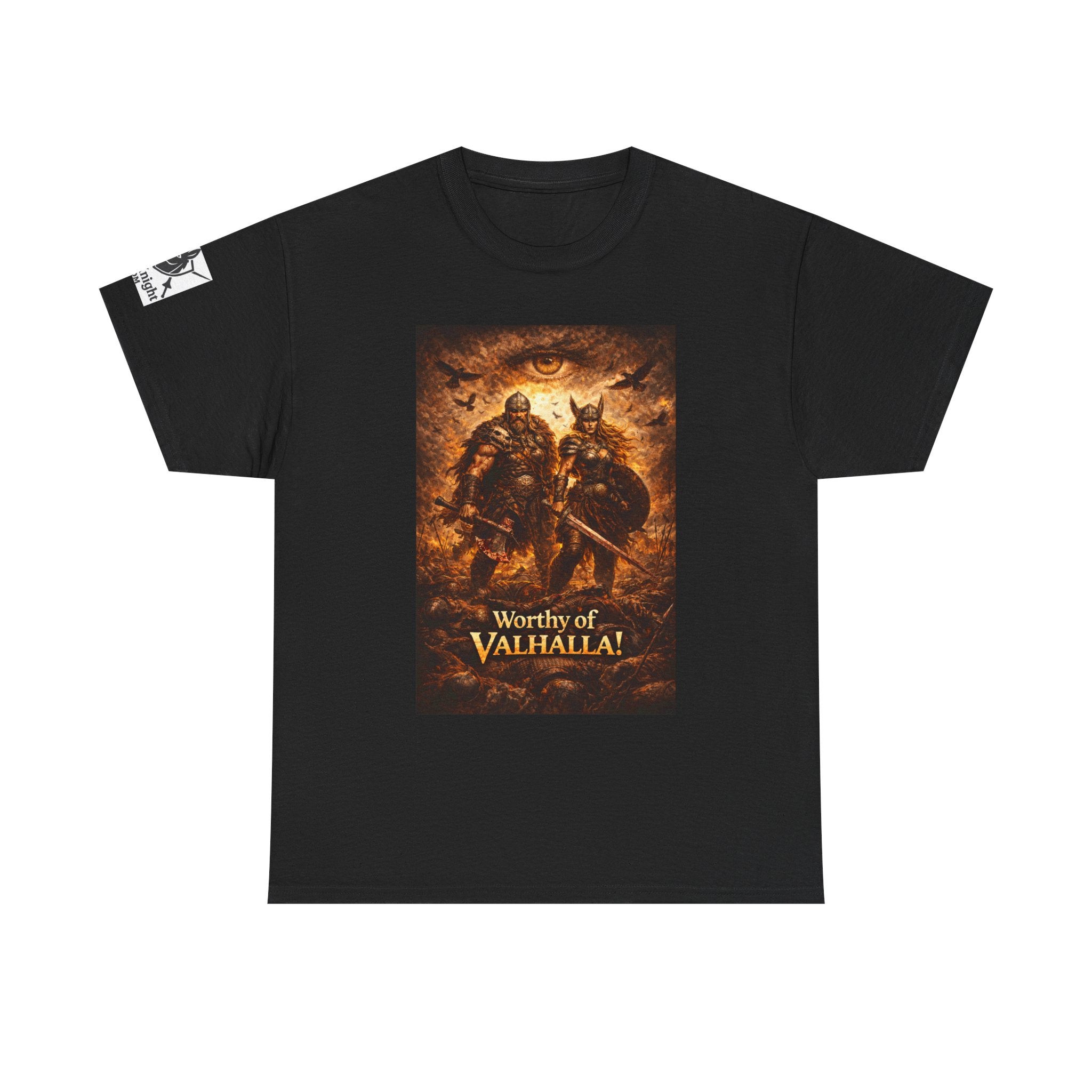 Viking shirt - Viking man and woman on battlefield of ravens - Text of Worthy of Valhalla!   Viking tee