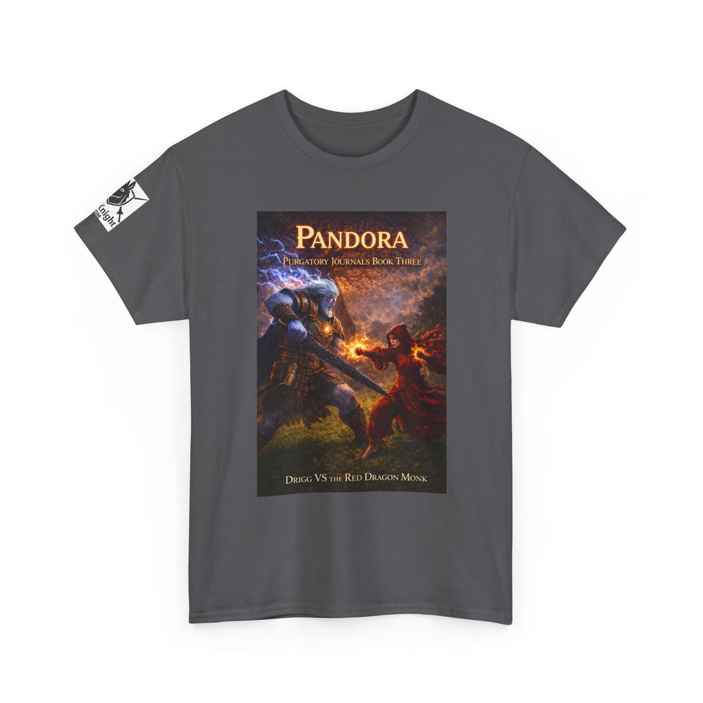 Pandora Drigg Vs Red Dragon Monk on Front - Pandora book cover on back -Purgatory Journals Book 3 -  Graphic Tee — Fantasy Novel tee