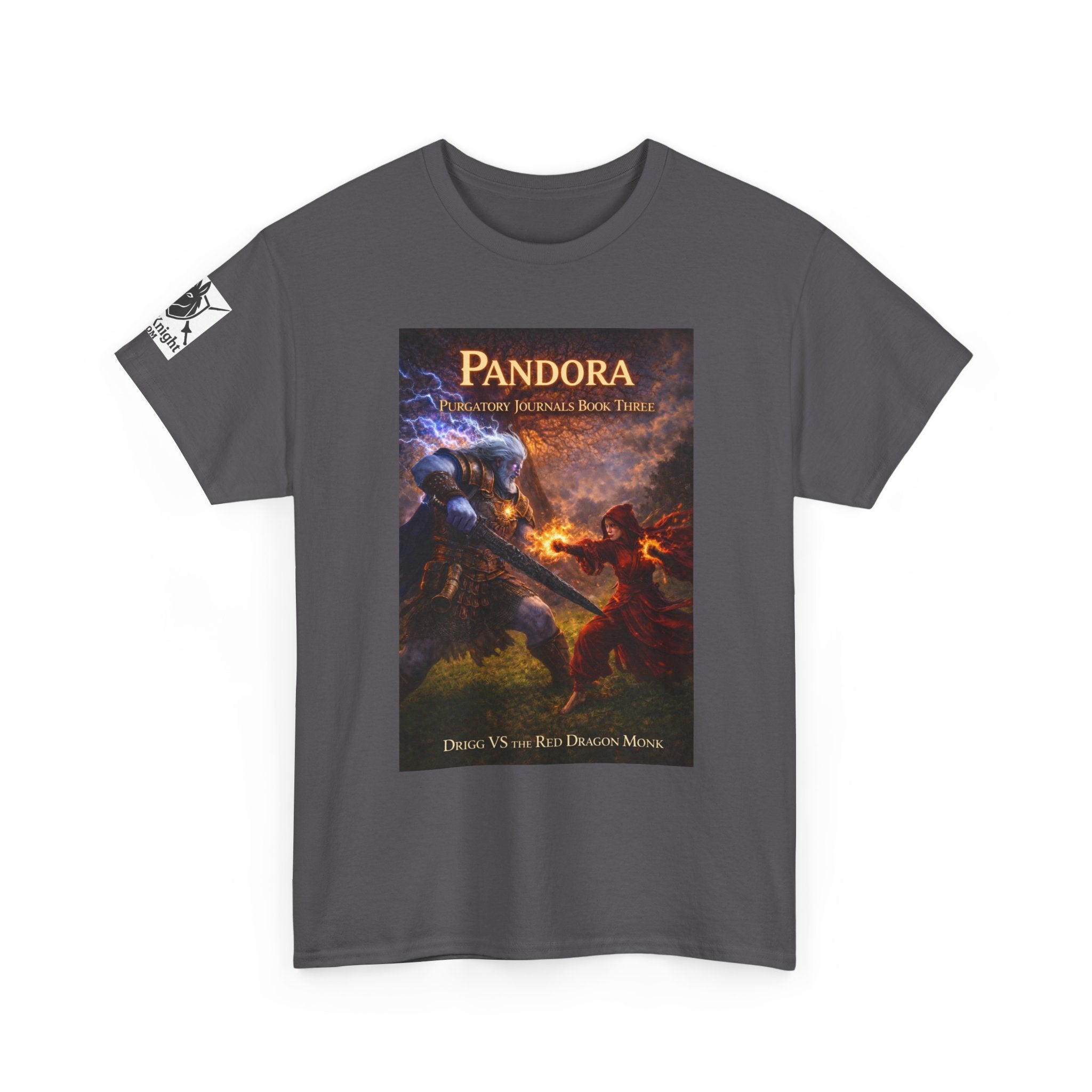 Pandora Drigg Vs Red Dragon Monk on Front - Pandora book cover on back -Purgatory Journals Book 3 -  Graphic Tee — Fantasy Novel tee
