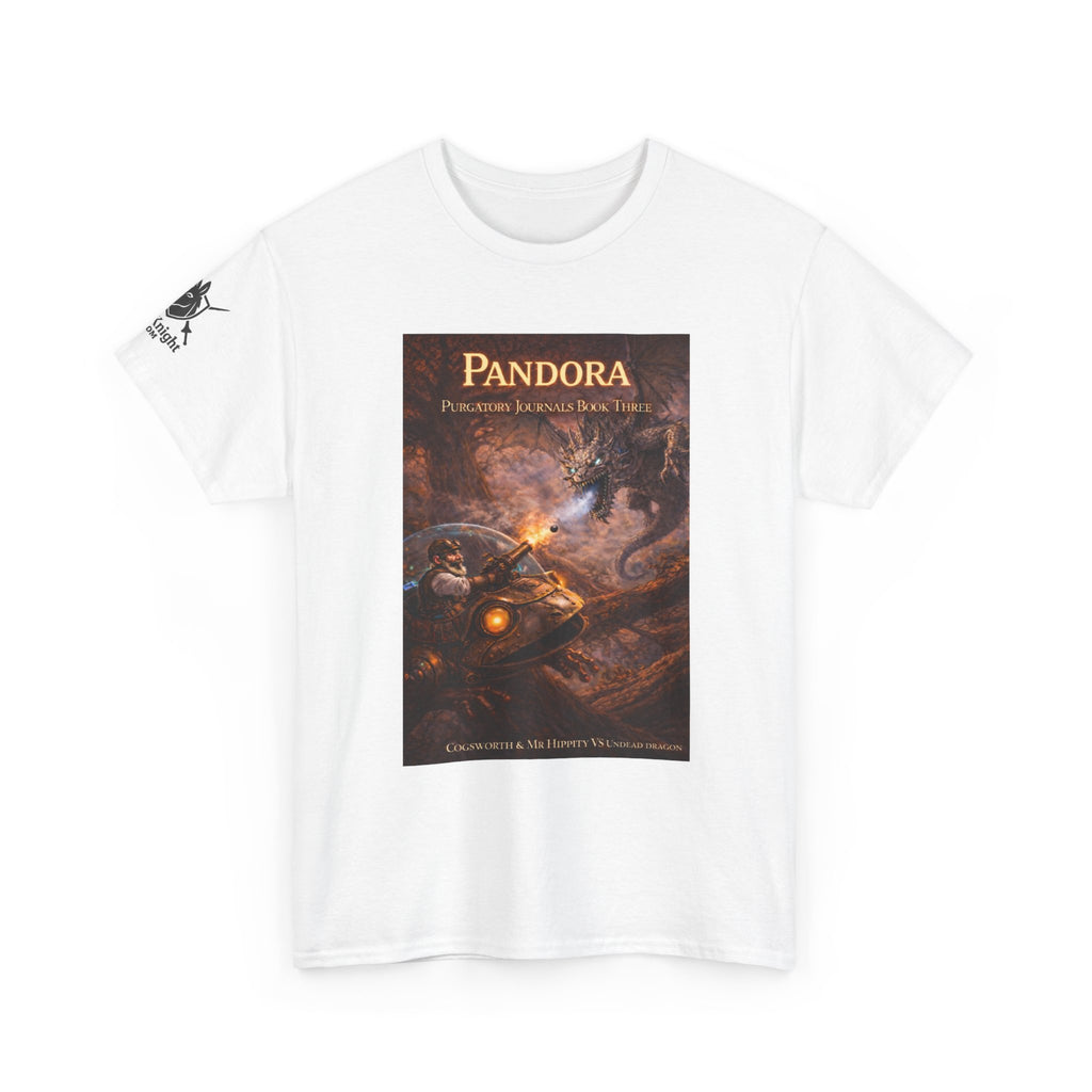 Pandora Cogsworth & Mr Hippty Vs Undead Dragon on Front - Pandora book cover on back -Purgatory Journals Book 3 -  Graphic Tee — Fantasy Novel tee