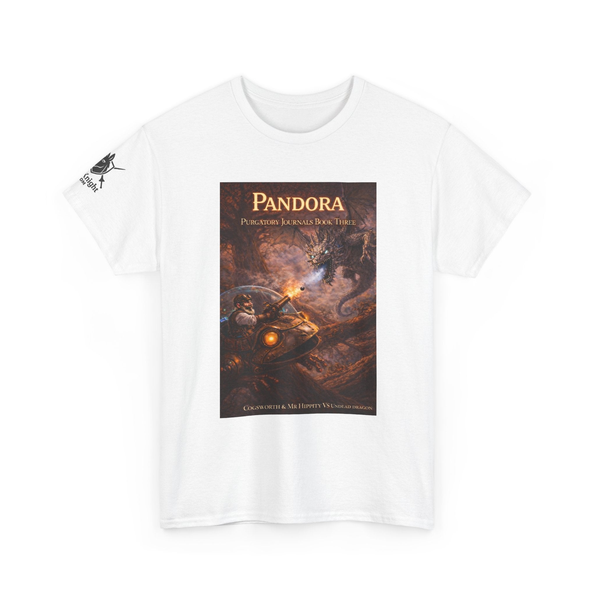 Pandora Cogsworth & Mr Hippty Vs Undead Dragon on Front - Pandora book cover on back -Purgatory Journals Book 3 -  Graphic Tee — Fantasy Novel tee