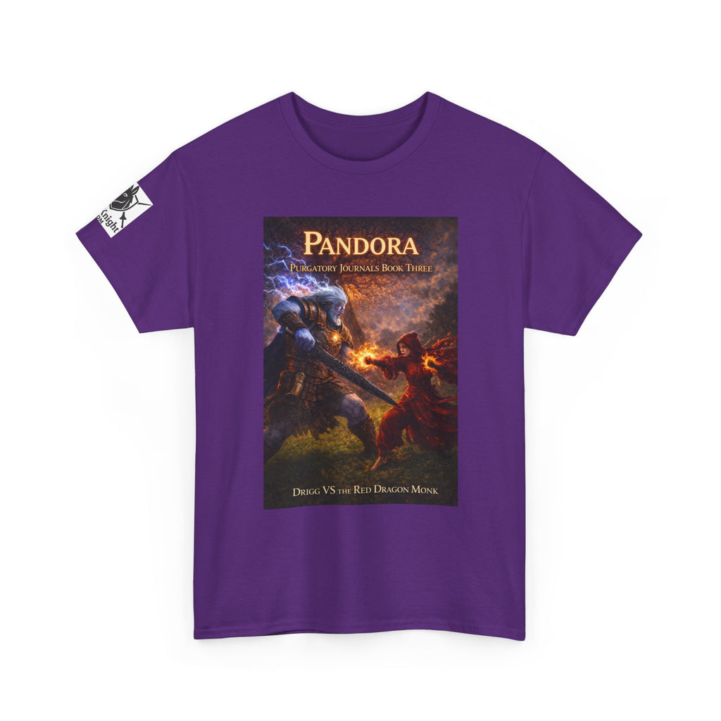 Pandora Drigg Vs Red Dragon Monk on Front - Pandora book cover on back -Purgatory Journals Book 3 -  Graphic Tee — Fantasy Novel tee