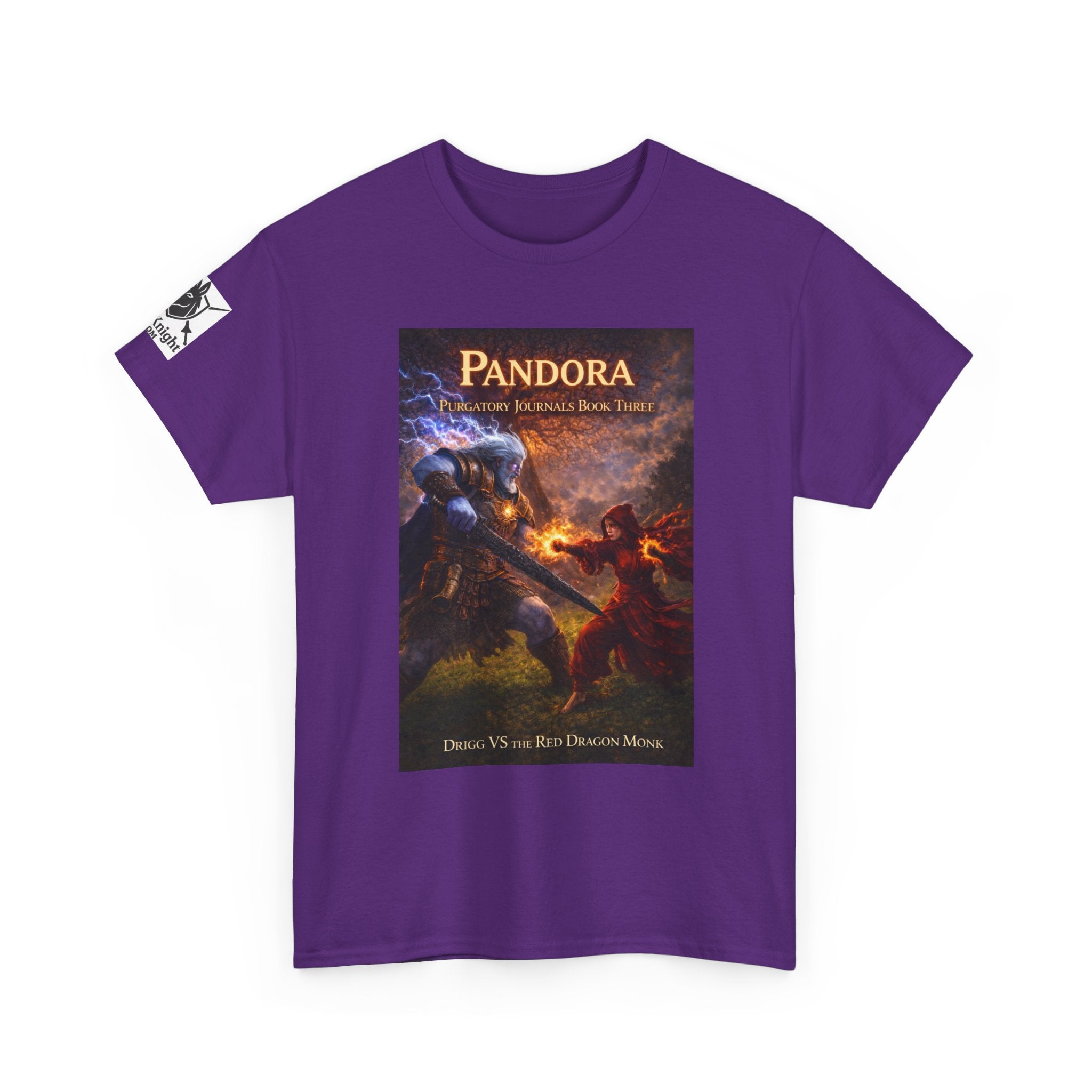 Pandora Drigg Vs Red Dragon Monk on Front - Pandora book cover on back -Purgatory Journals Book 3 -  Graphic Tee — Fantasy Novel tee