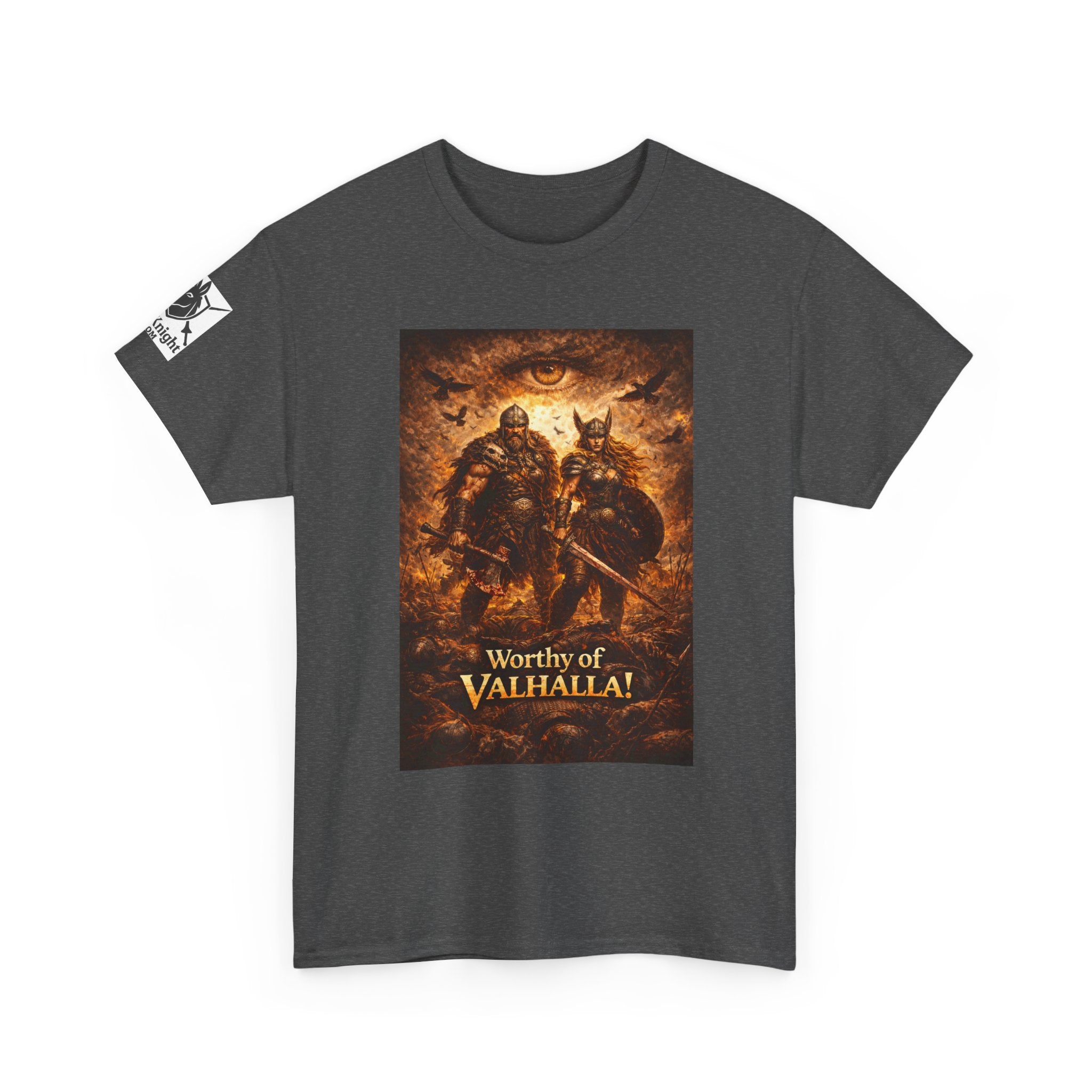 Viking shirt - Viking man and woman on battlefield of ravens - Text of Worthy of Valhalla!   Viking tee