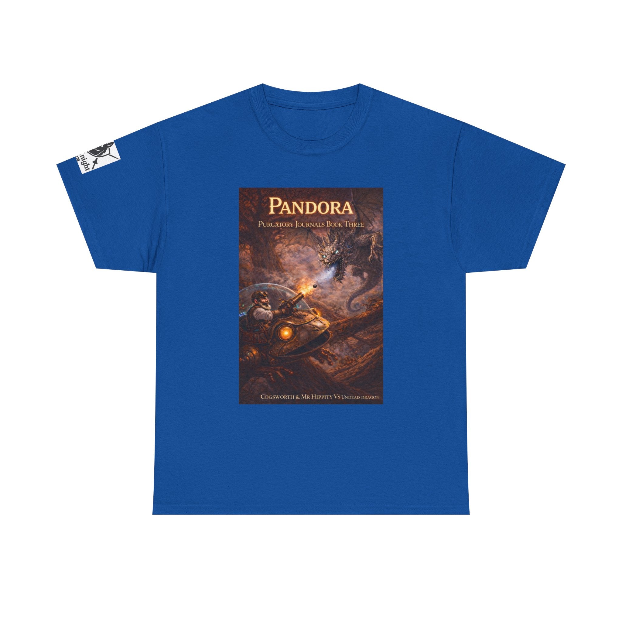 Pandora Cogsworth & Mr Hippty Vs Undead Dragon on Front - Pandora book cover on back -Purgatory Journals Book 3 -  Graphic Tee — Fantasy Novel tee