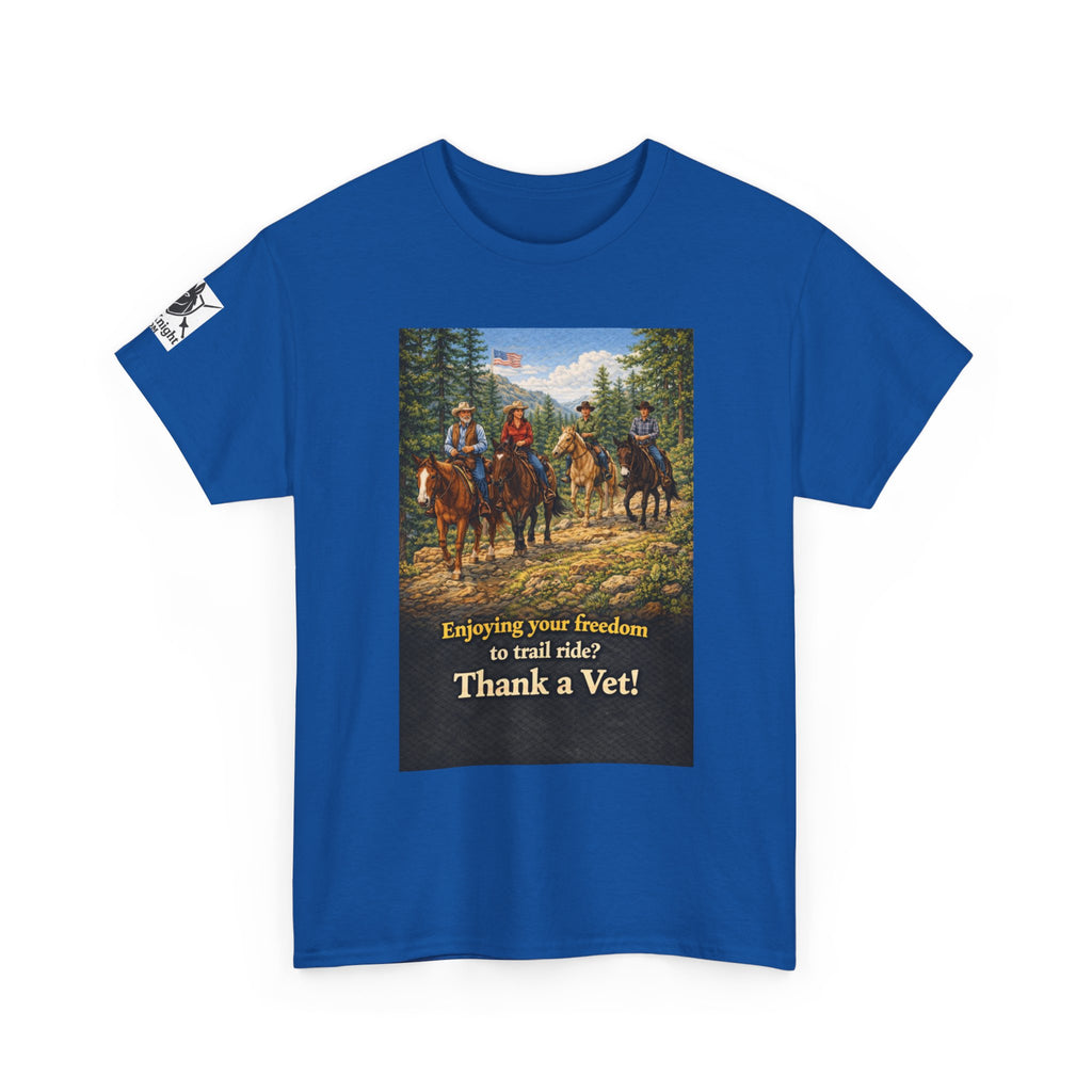 Horse trail Rider Retro Graphic Tee - "Enjoying your freedom to trail ride?  Thank a Vet!"