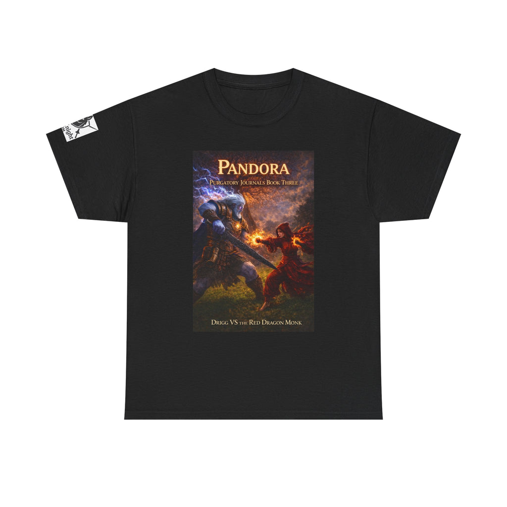 Pandora Drigg Vs Red Dragon Monk on Front - Pandora book cover on back -Purgatory Journals Book 3 -  Graphic Tee — Fantasy Novel tee