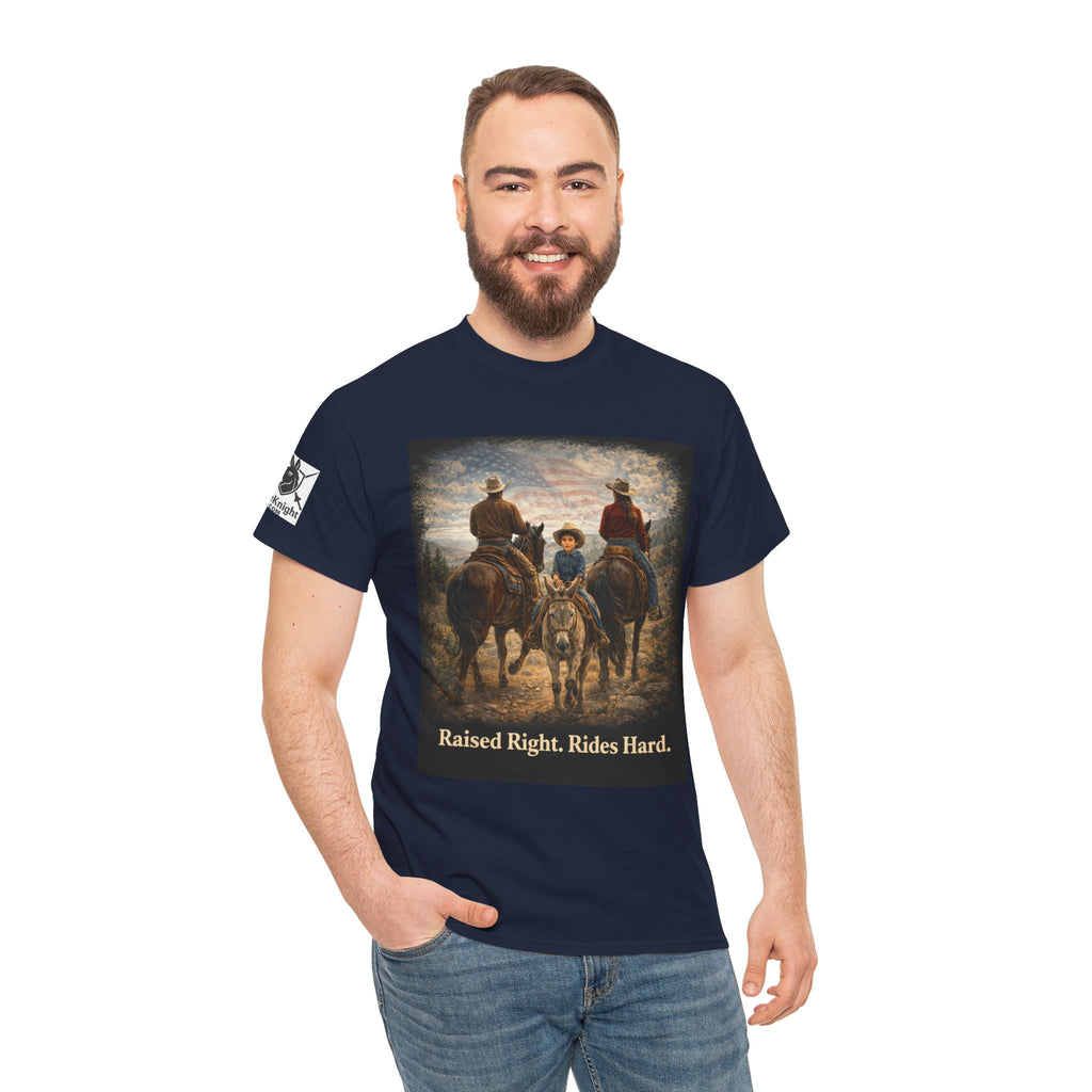 Raised Right Rides Hard USA Flag T-Shirt — Cowboy Landscape Graphic Tee