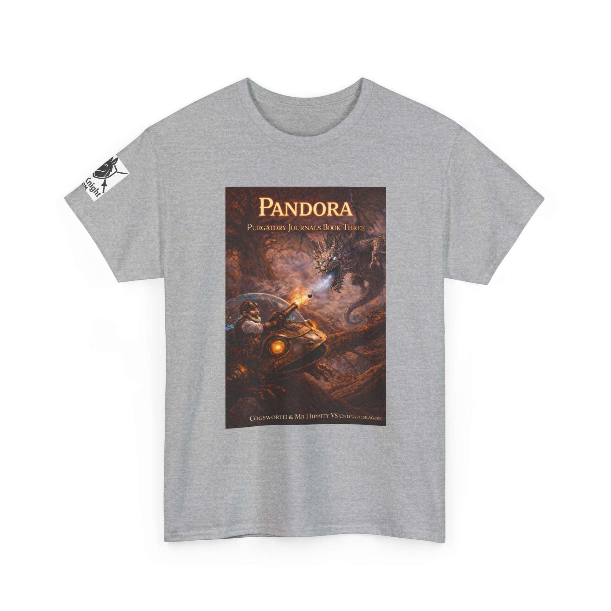 Pandora Cogsworth & Mr Hippty Vs Undead Dragon on Front - Pandora book cover on back -Purgatory Journals Book 3 -  Graphic Tee — Fantasy Novel tee