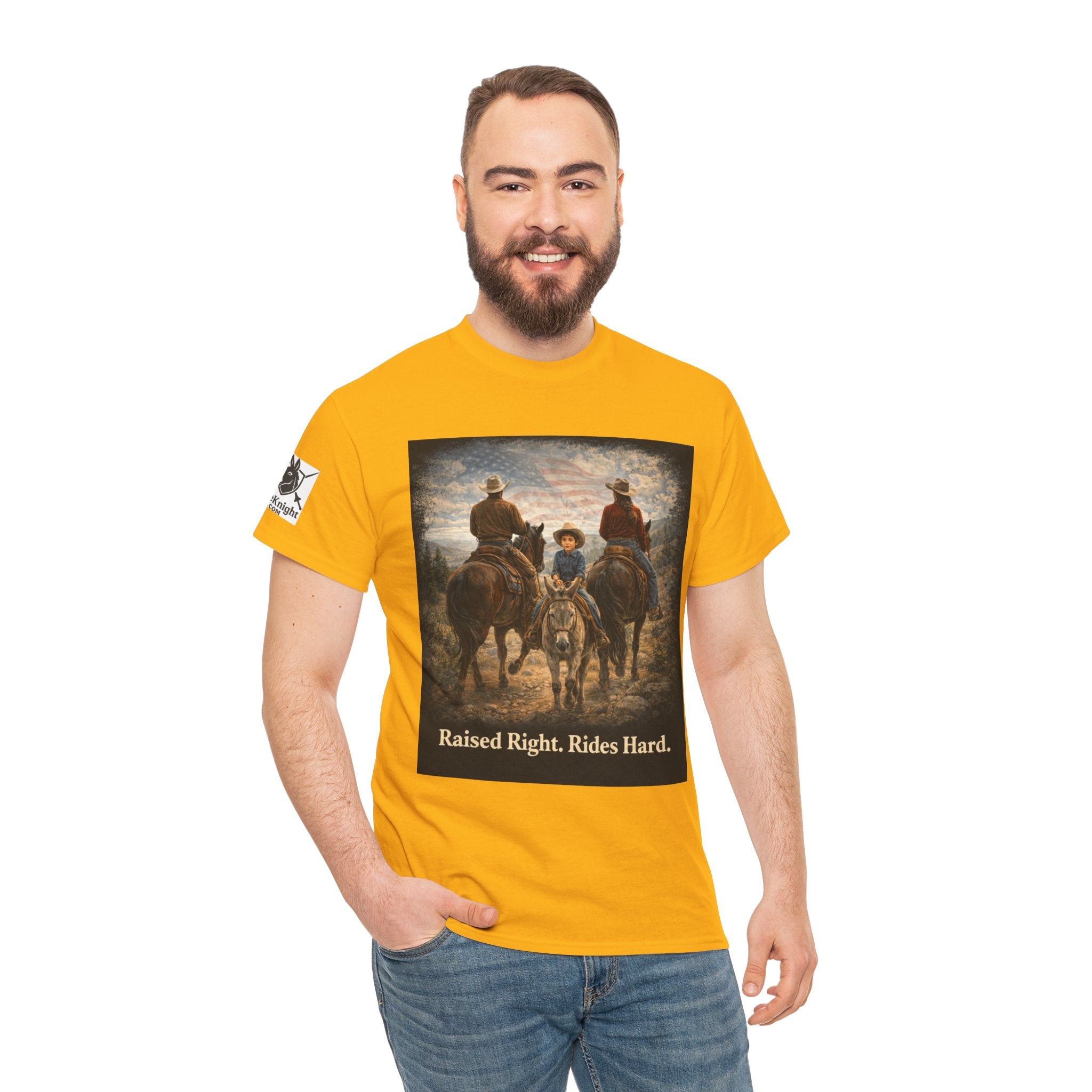 Raised Right Rides Hard USA Flag T-Shirt — Cowboy Landscape Graphic Tee