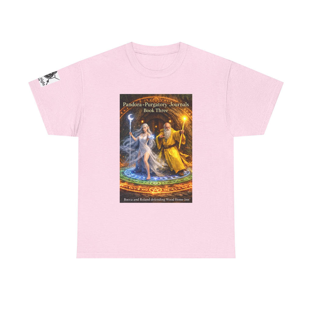 Pandora Bocca and Roland Defending Wood Home on Front - Pandora book cover on back -Purgatory Journals Book 3 -  Graphic Tee — Fantasy Novel tee