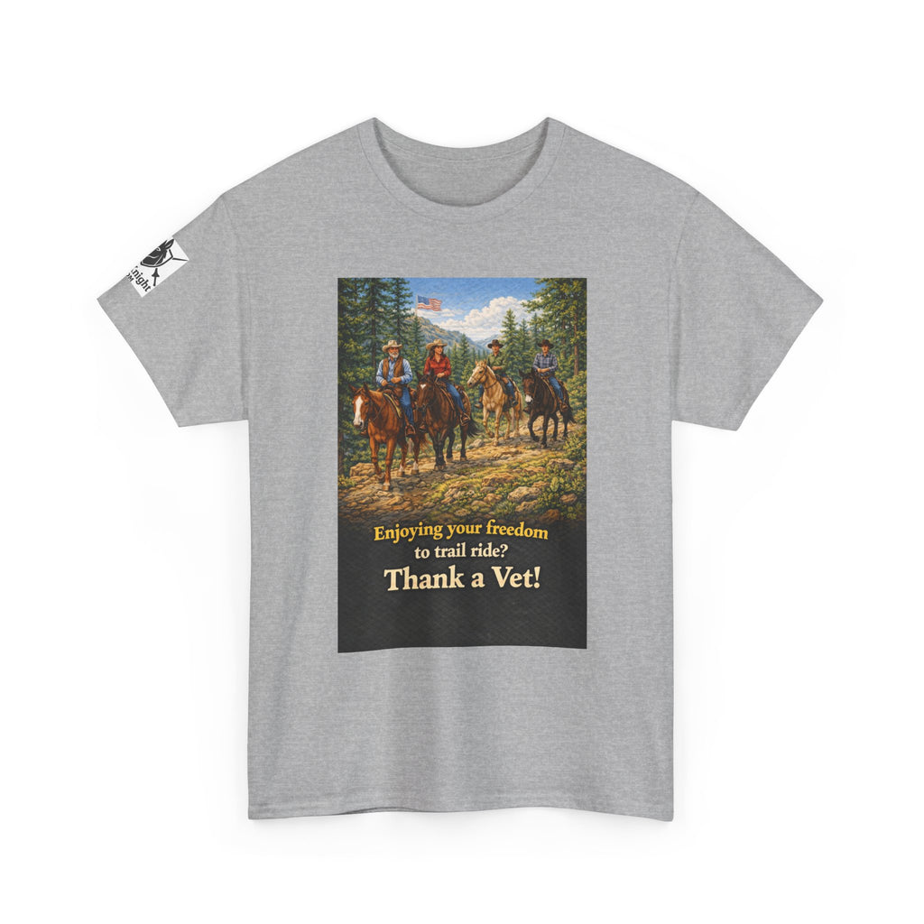 Horse trail Rider Retro Graphic Tee - "Enjoying your freedom to trail ride?  Thank a Vet!"