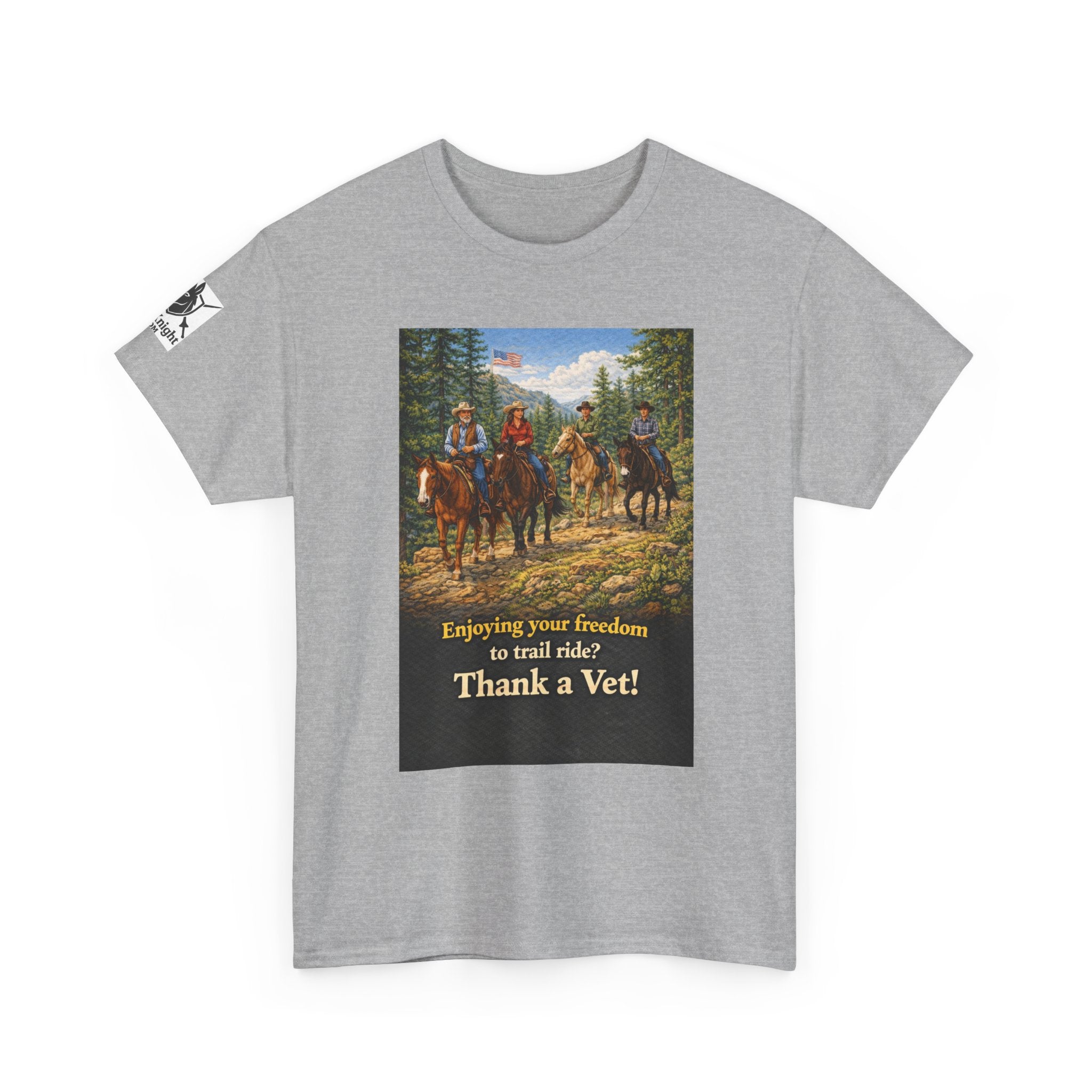 Horse trail Rider Retro Graphic Tee - "Enjoying your freedom to trail ride?  Thank a Vet!"