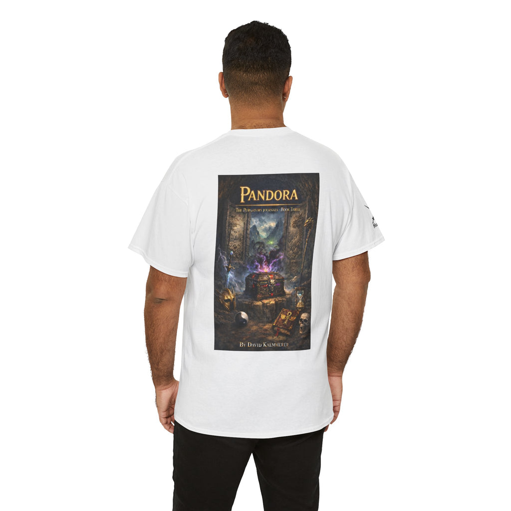 Pandora Drigg Vs Red Dragon Monk on Front - Pandora book cover on back -Purgatory Journals Book 3 -  Graphic Tee — Fantasy Novel tee