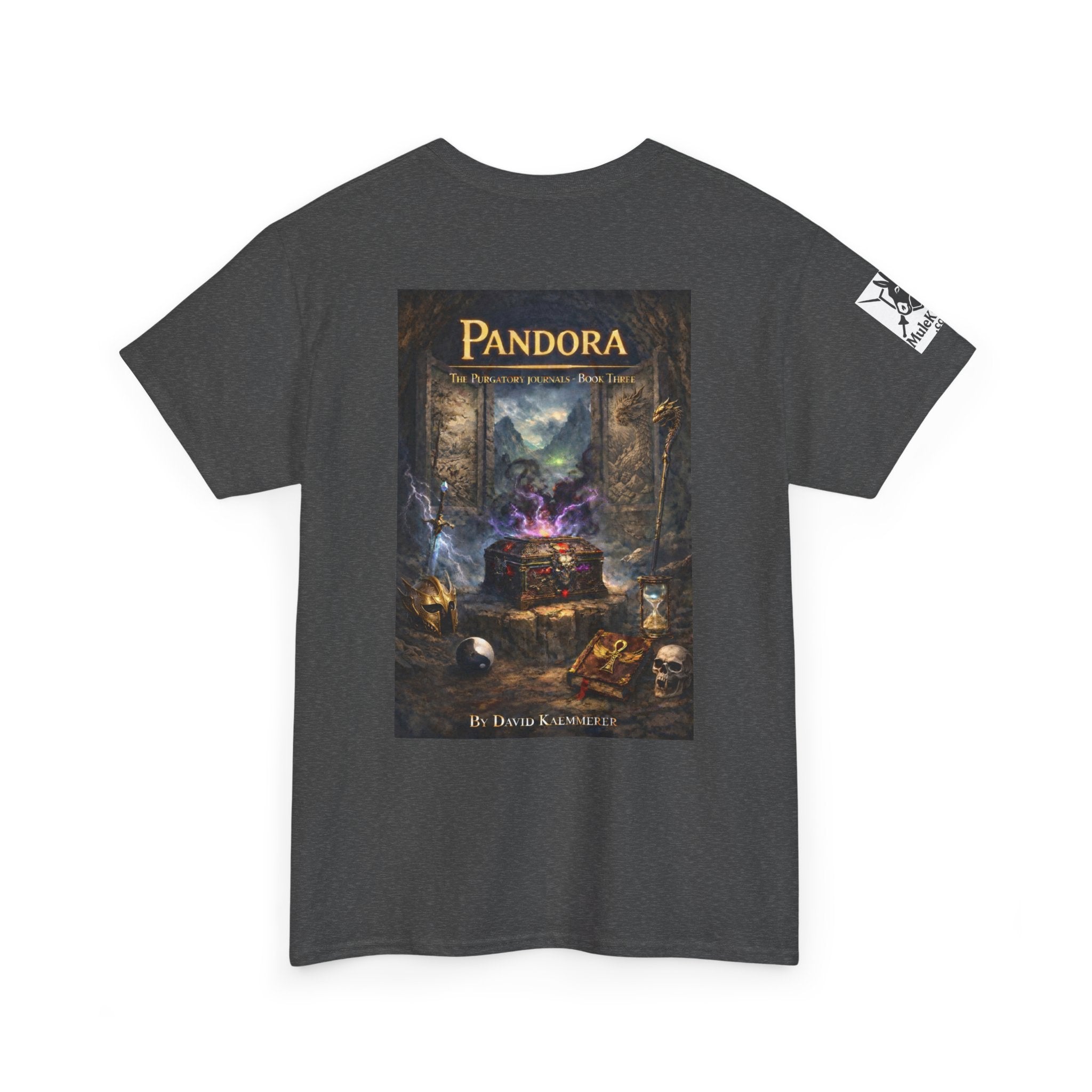 Pandora Bocca and Roland Defending Wood Home on Front - Pandora book cover on back -Purgatory Journals Book 3 -  Graphic Tee — Fantasy Novel tee