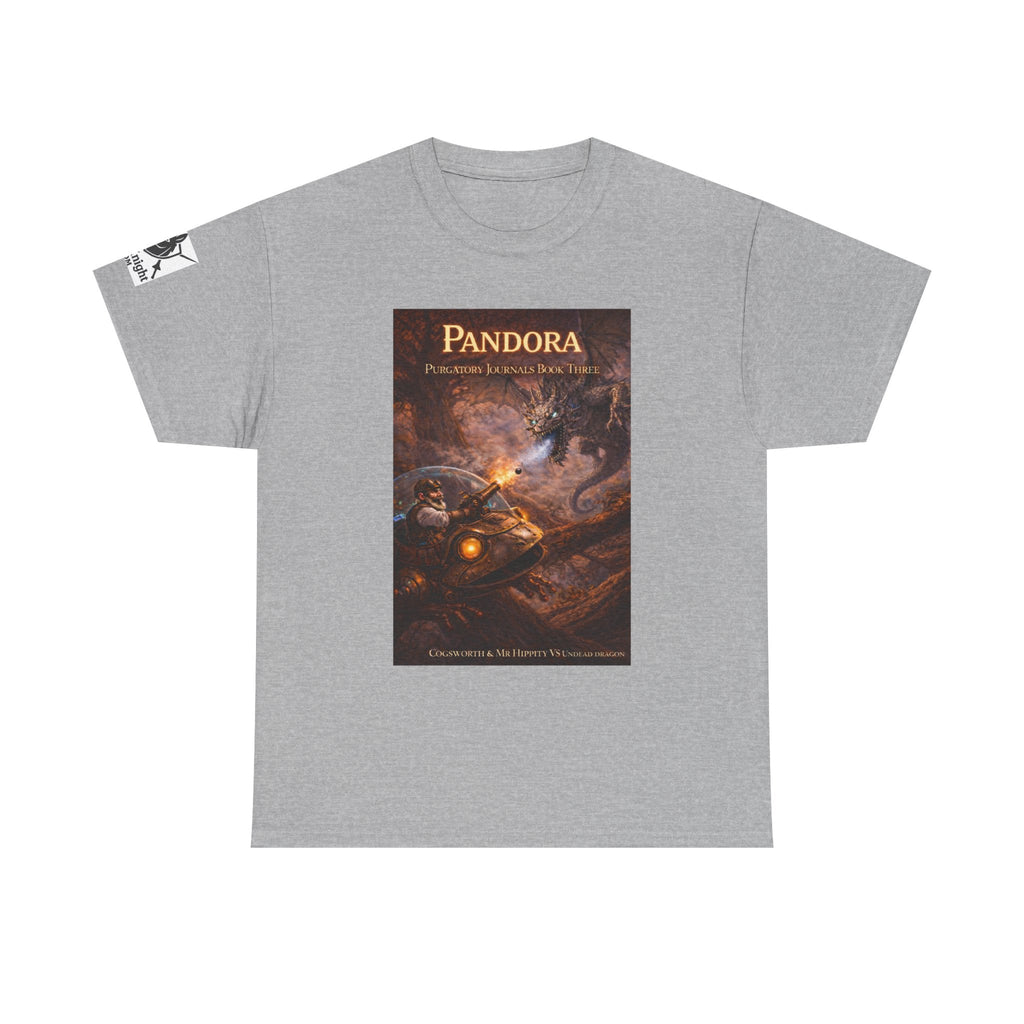 Pandora Cogsworth & Mr Hippty Vs Undead Dragon on Front - Pandora book cover on back -Purgatory Journals Book 3 -  Graphic Tee — Fantasy Novel tee