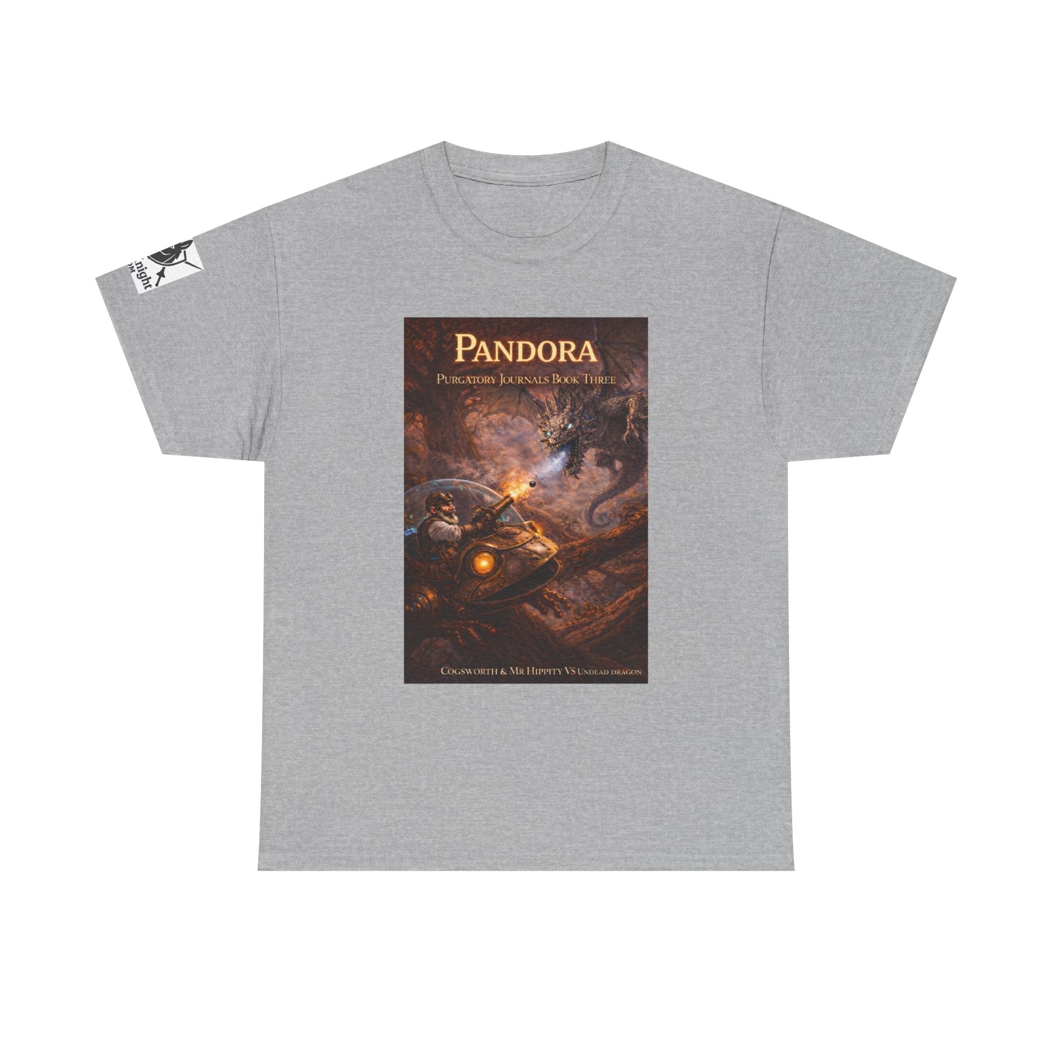 Pandora Cogsworth & Mr Hippty Vs Undead Dragon on Front - Pandora book cover on back -Purgatory Journals Book 3 -  Graphic Tee — Fantasy Novel tee