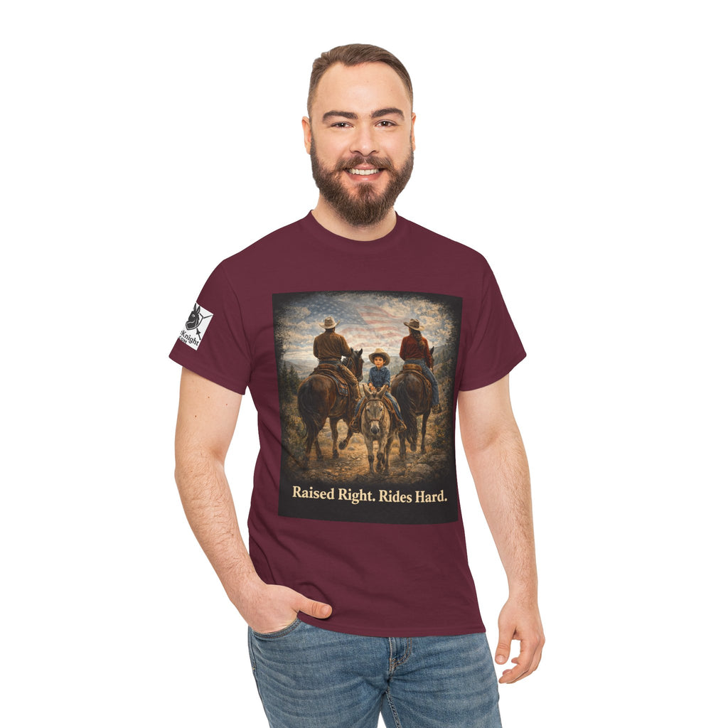 Raised Right Rides Hard USA Flag T-Shirt — Cowboy Landscape Graphic Tee