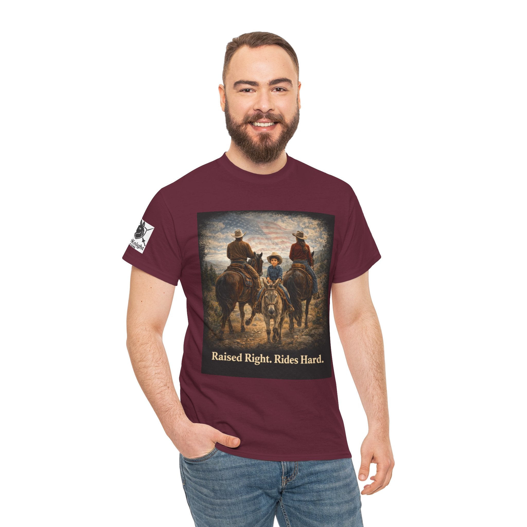 Raised Right Rides Hard USA Flag T-Shirt — Cowboy Landscape Graphic Tee