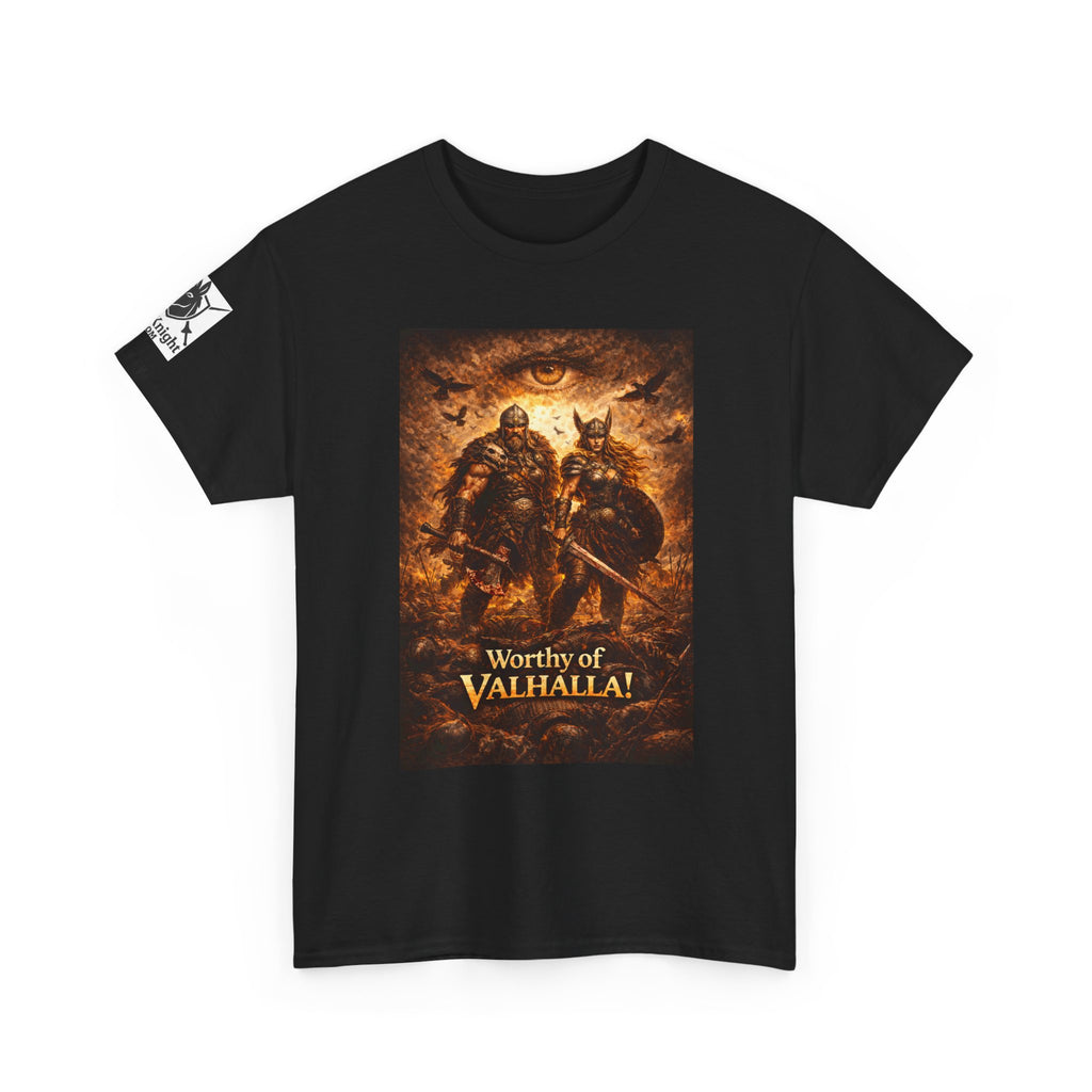 Viking shirt - Viking man and woman on battlefield of ravens - Text of Worthy of Valhalla!   Viking tee