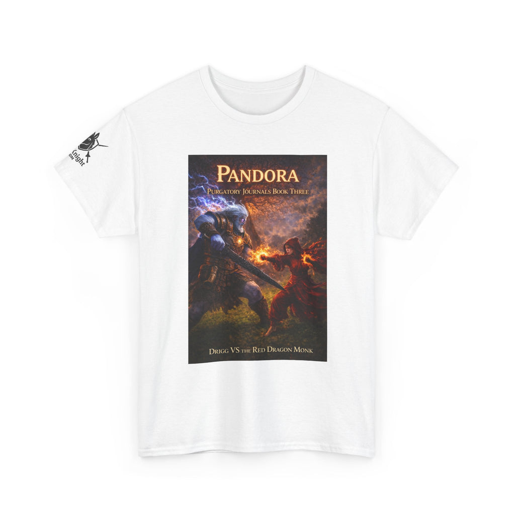 Pandora Drigg Vs Red Dragon Monk on Front - Pandora book cover on back -Purgatory Journals Book 3 -  Graphic Tee — Fantasy Novel tee