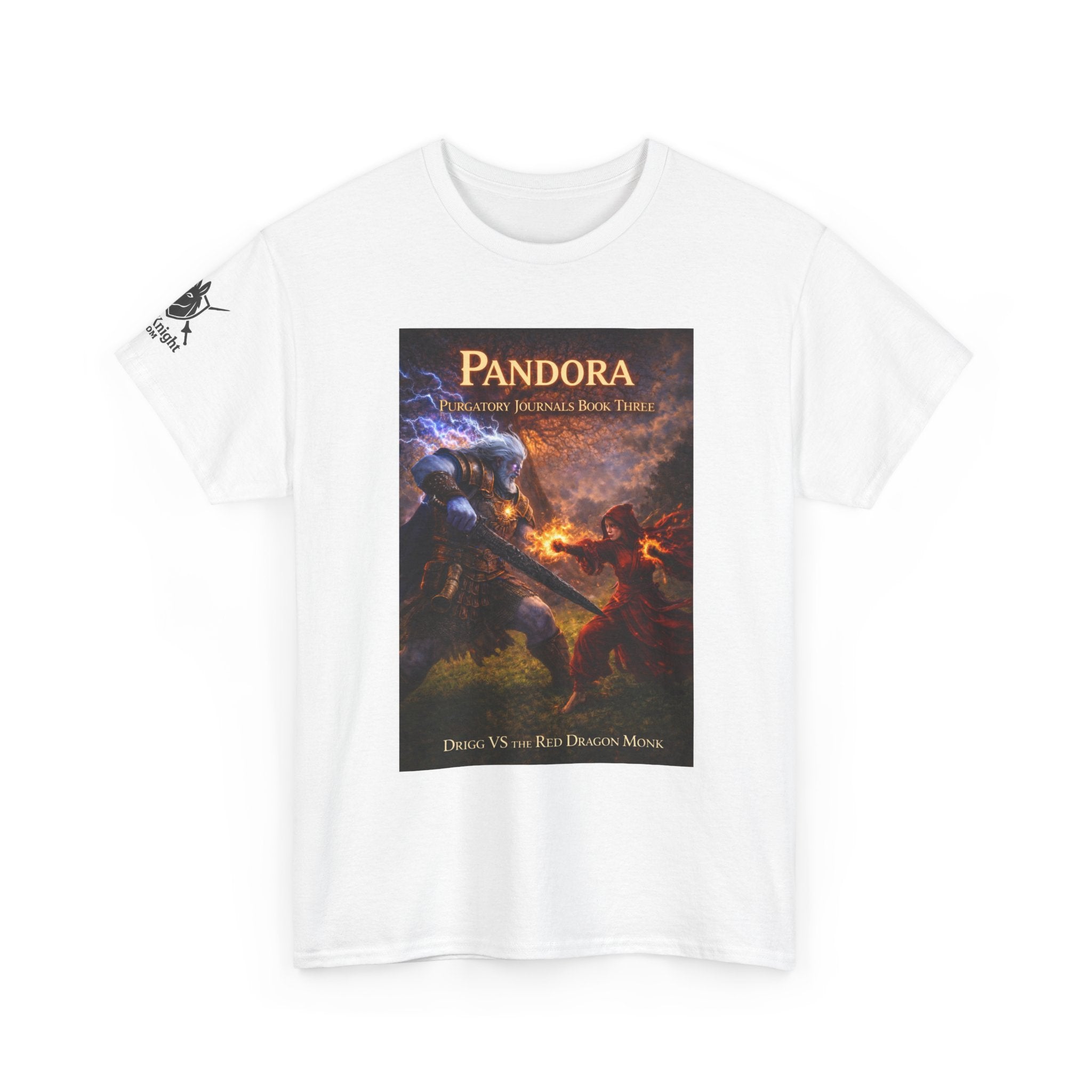 Pandora Drigg Vs Red Dragon Monk on Front - Pandora book cover on back -Purgatory Journals Book 3 -  Graphic Tee — Fantasy Novel tee