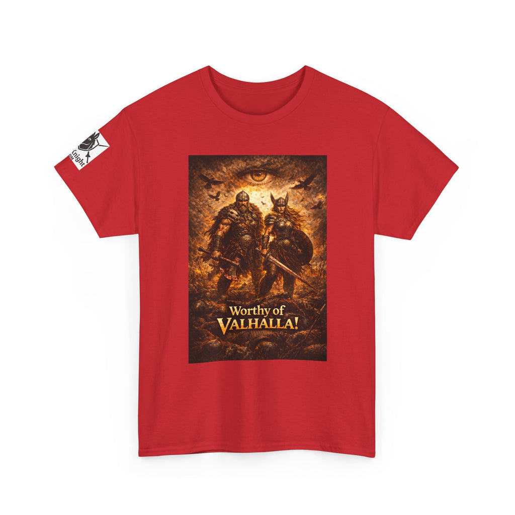 Viking shirt - Viking man and woman on battlefield of ravens - Text of Worthy of Valhalla!   Viking tee
