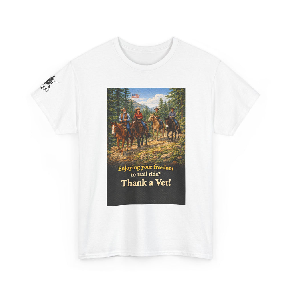 Horse trail Rider Retro Graphic Tee - "Enjoying your freedom to trail ride?  Thank a Vet!"