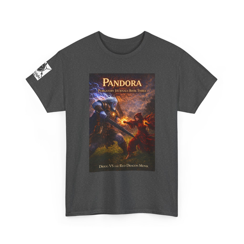 Pandora Drigg Vs Red Dragon Monk on Front - Pandora book cover on back -Purgatory Journals Book 3 -  Graphic Tee — Fantasy Novel tee