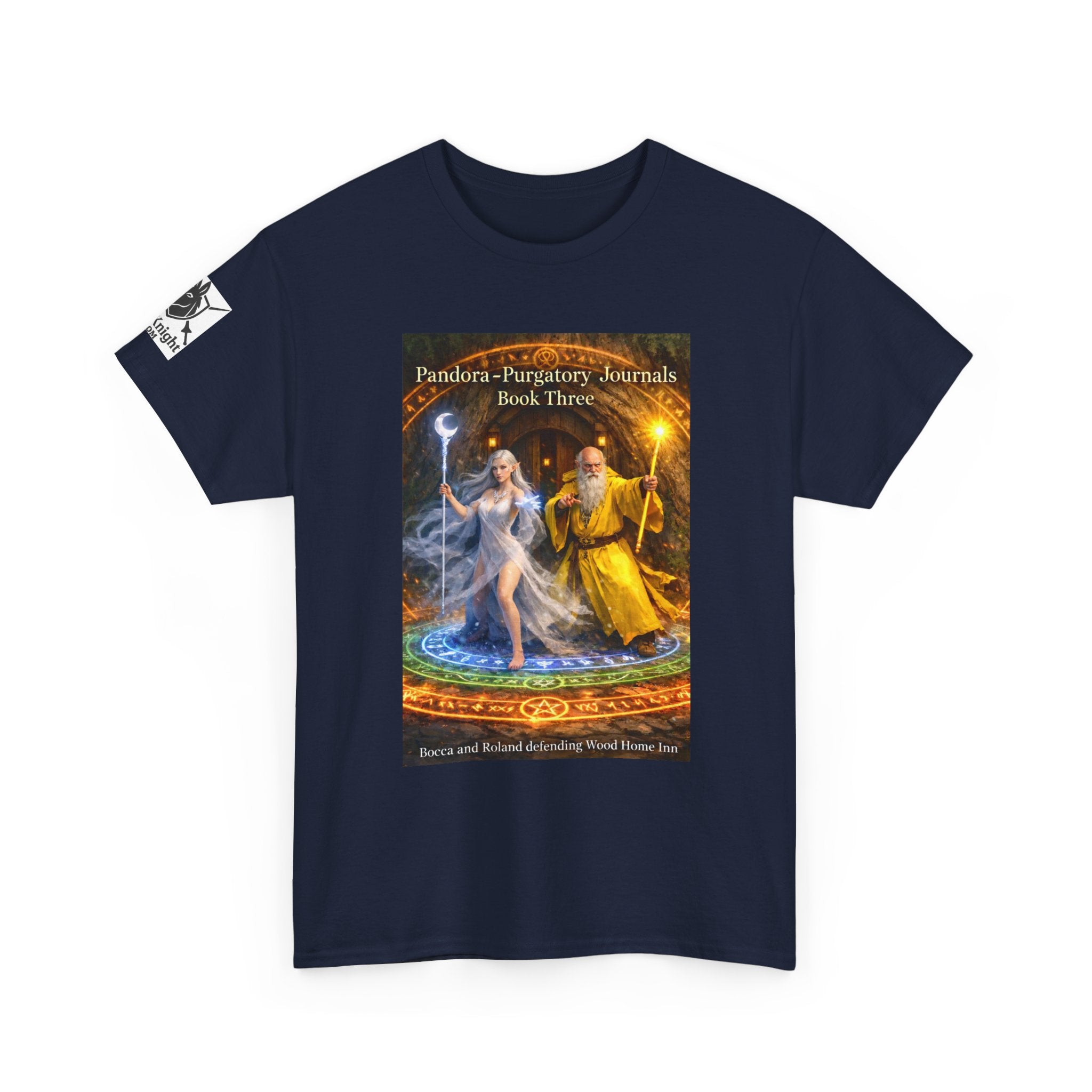 Pandora Bocca and Roland Defending Wood Home on Front - Pandora book cover on back -Purgatory Journals Book 3 -  Graphic Tee — Fantasy Novel tee