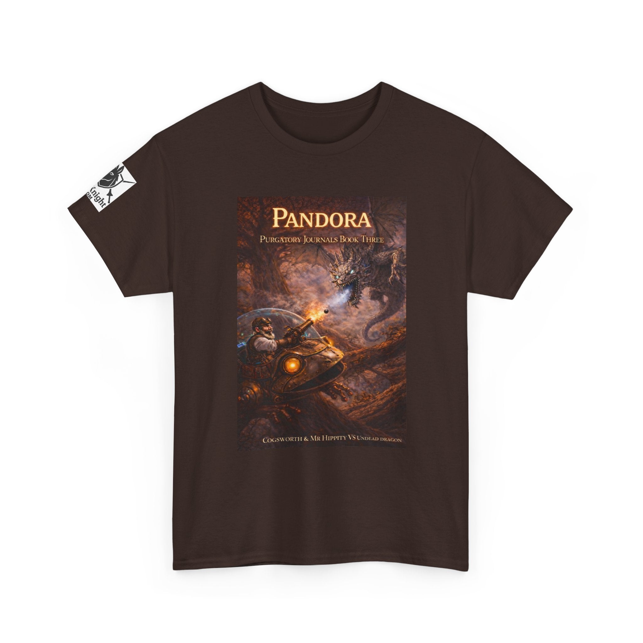 Pandora Cogsworth & Mr Hippty Vs Undead Dragon on Front - Pandora book cover on back -Purgatory Journals Book 3 -  Graphic Tee — Fantasy Novel tee